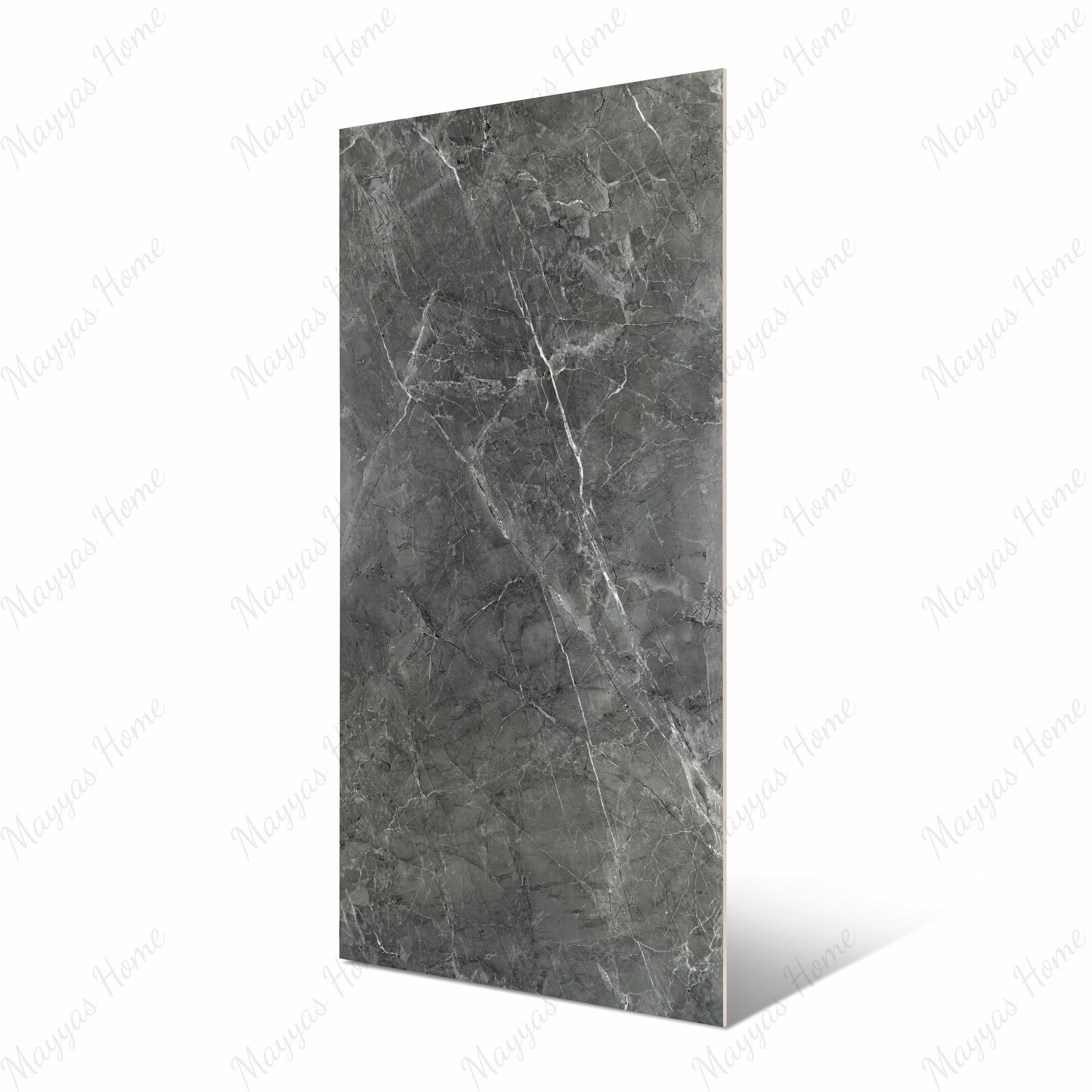 Atlanta Black porcelain slab Angled view showing deep charcoal grey marble surface with bold white veining and natural marble movement for UAE interior design