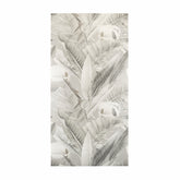 Sage Fog Matte porcelain slab displayed on easel against luxury backdrop showing soft botanical leaf print in muted sage and grey tones for UAE interior design