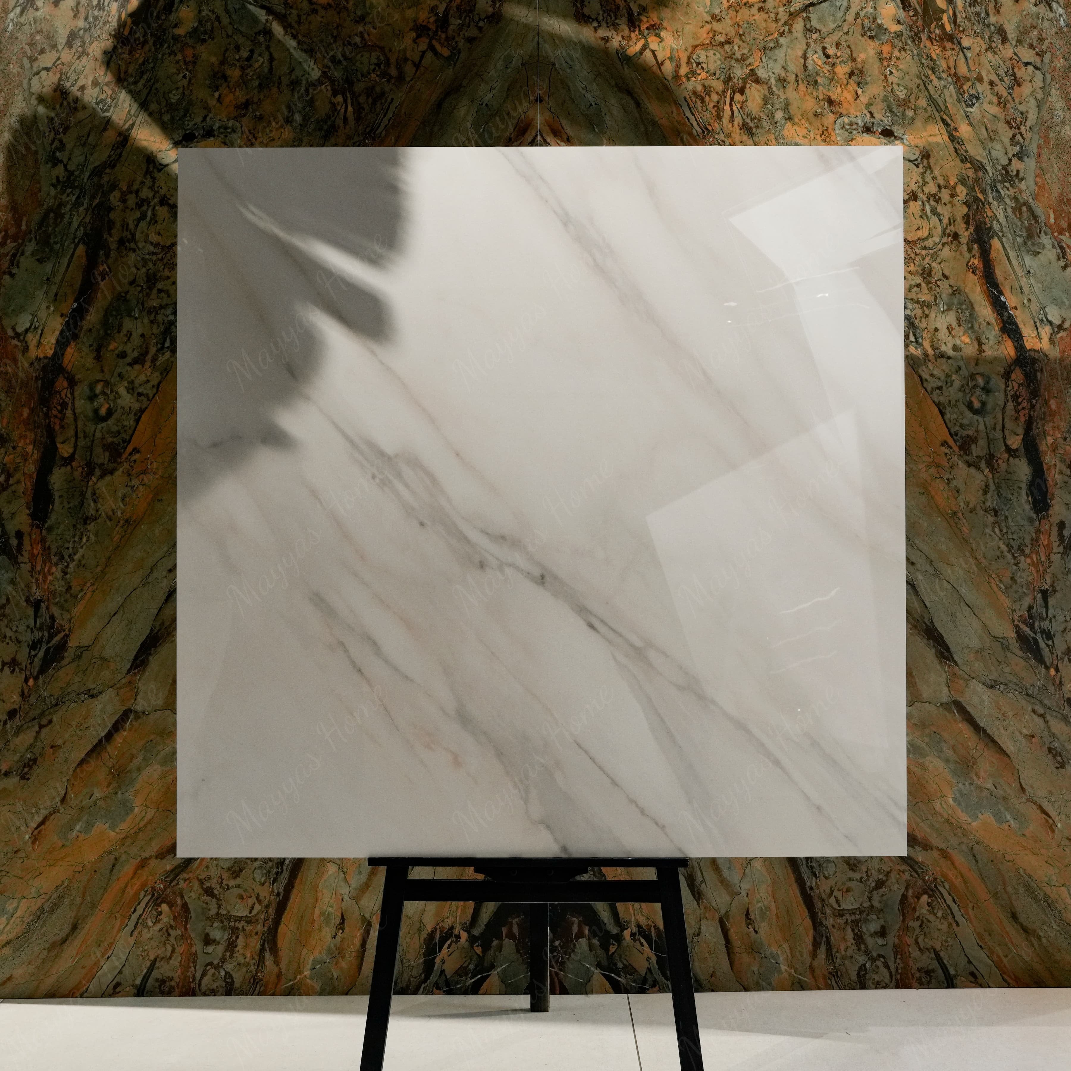Calcutta Aurora 120x120cm glossy porcelain tile flat view showing bright white Calacatta marble surface with flowing grey veining