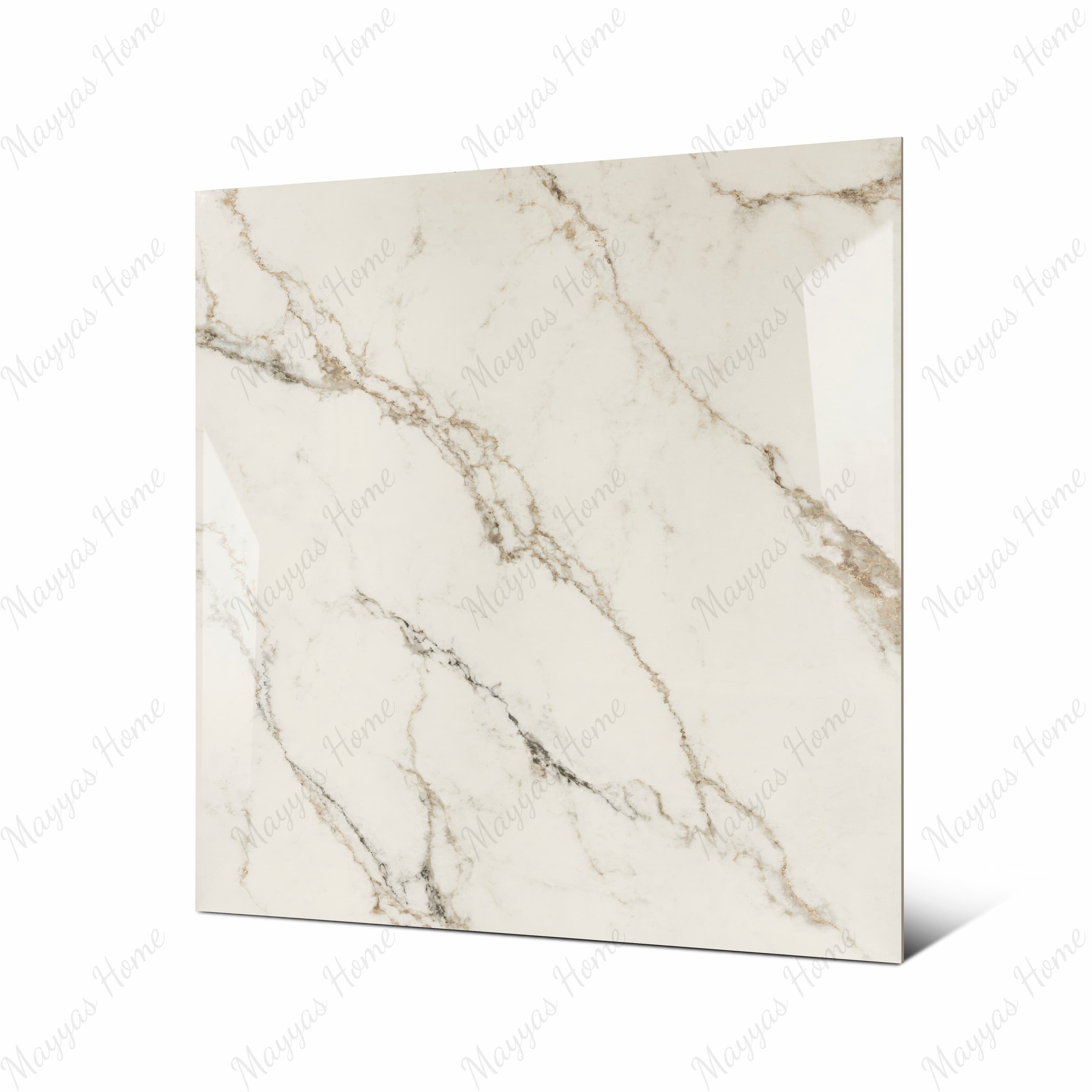 Signora large format porcelain tile angled view highlighting polished Calacatta Oro marble finish, bold veining, and rectified edges