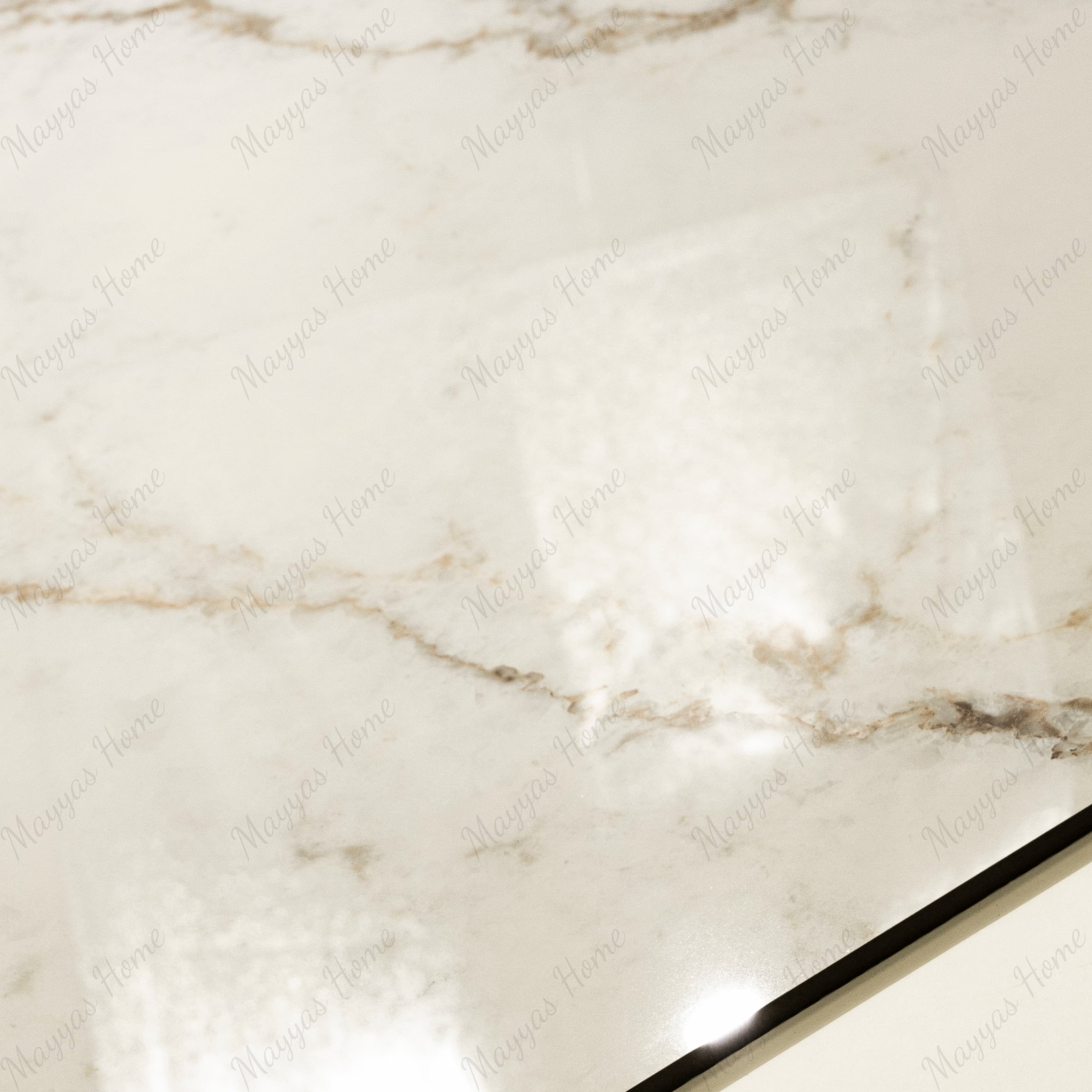 Close-up of Signora glossy porcelain tile showing mirror-polished marble surface with intricate gold vein clusters and 9mm thickness
