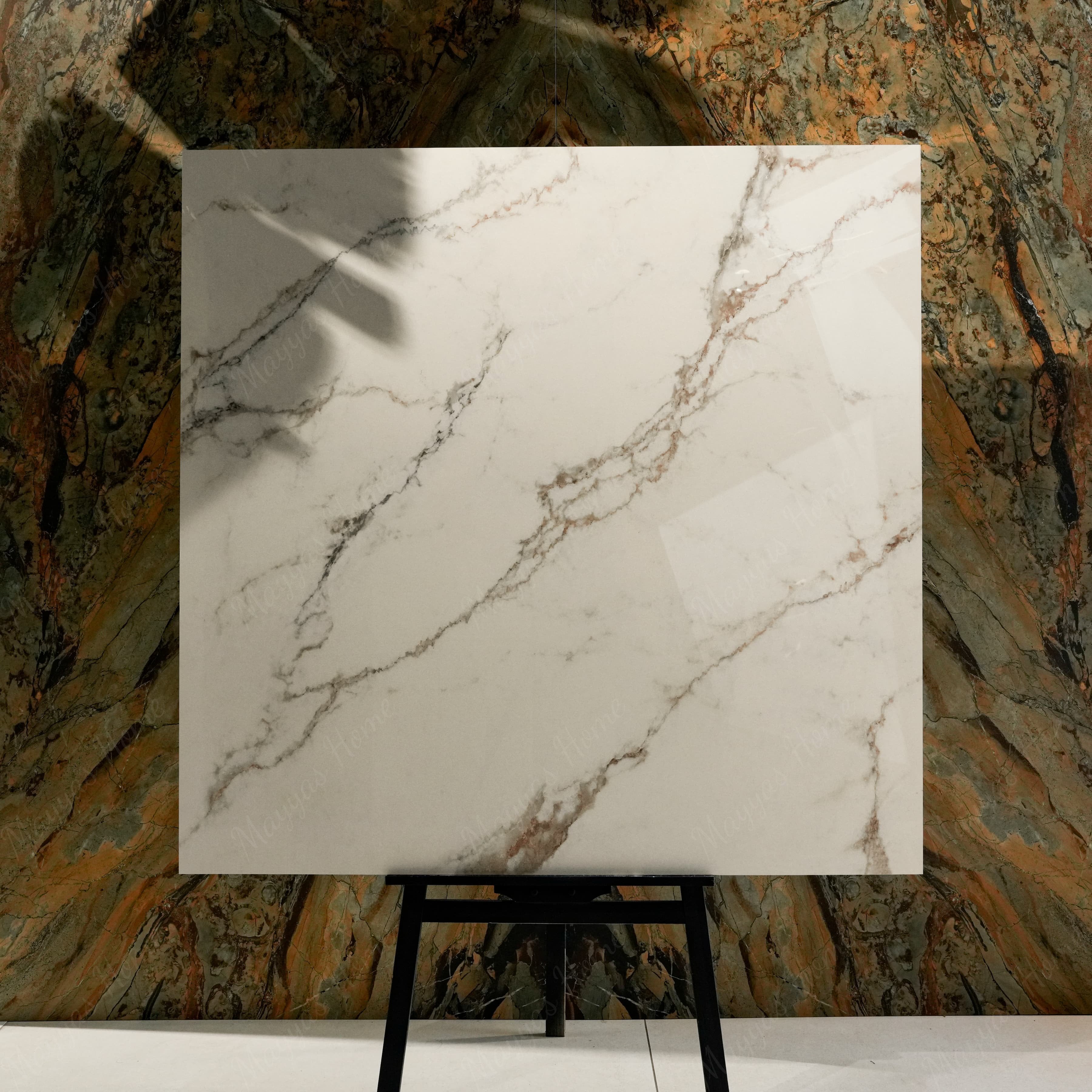 Signora 120x120cm glossy porcelain tile flat view showing ivory marble surface with dramatic gold and grey veining
