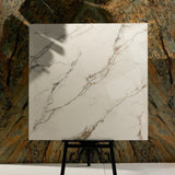 Signora 120x120cm glossy porcelain tile flat view showing ivory marble surface with dramatic gold and grey veining