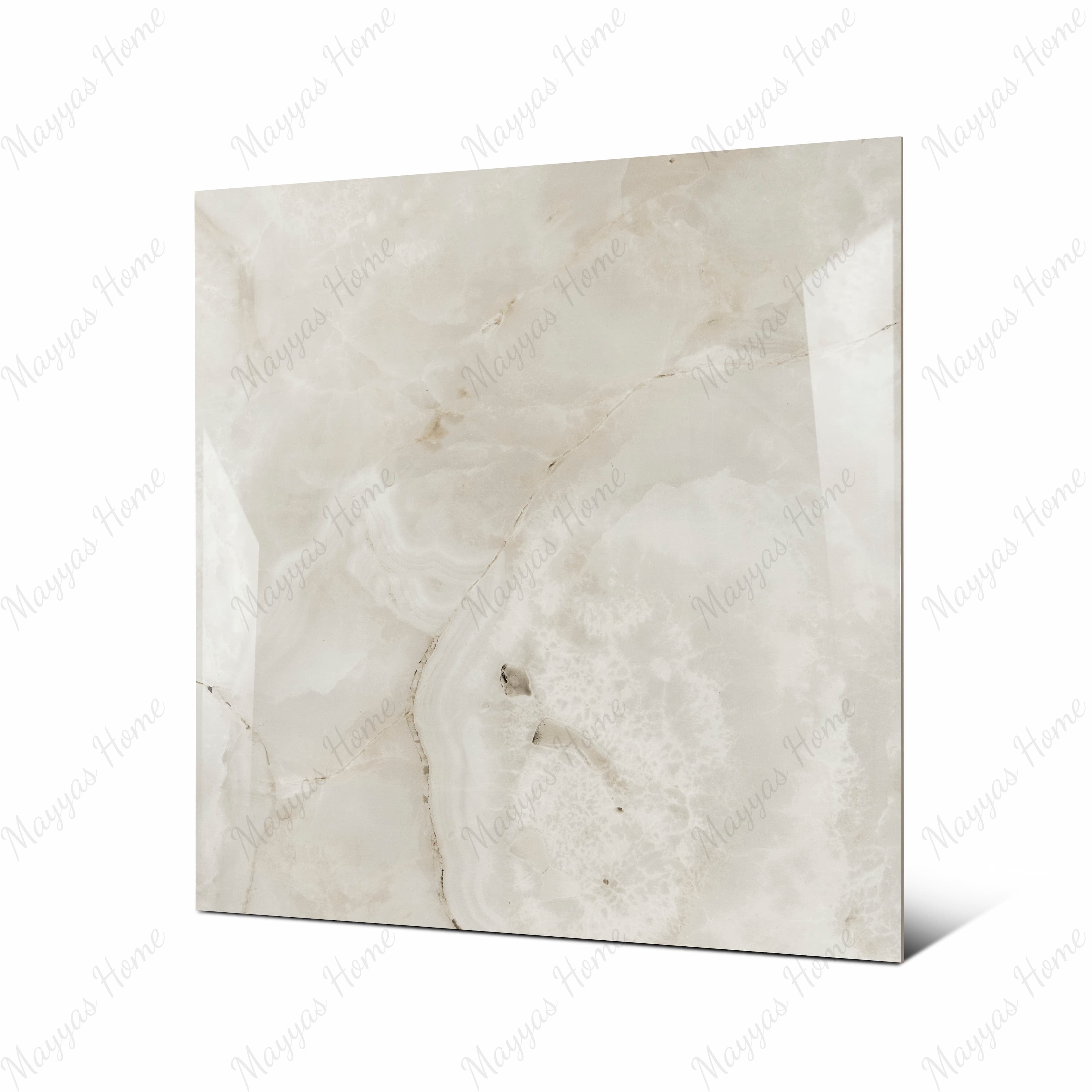 Marbella Gold large format porcelain tile angled view highlighting polished onyx finish, natural crystalline patterns, and rectified edges