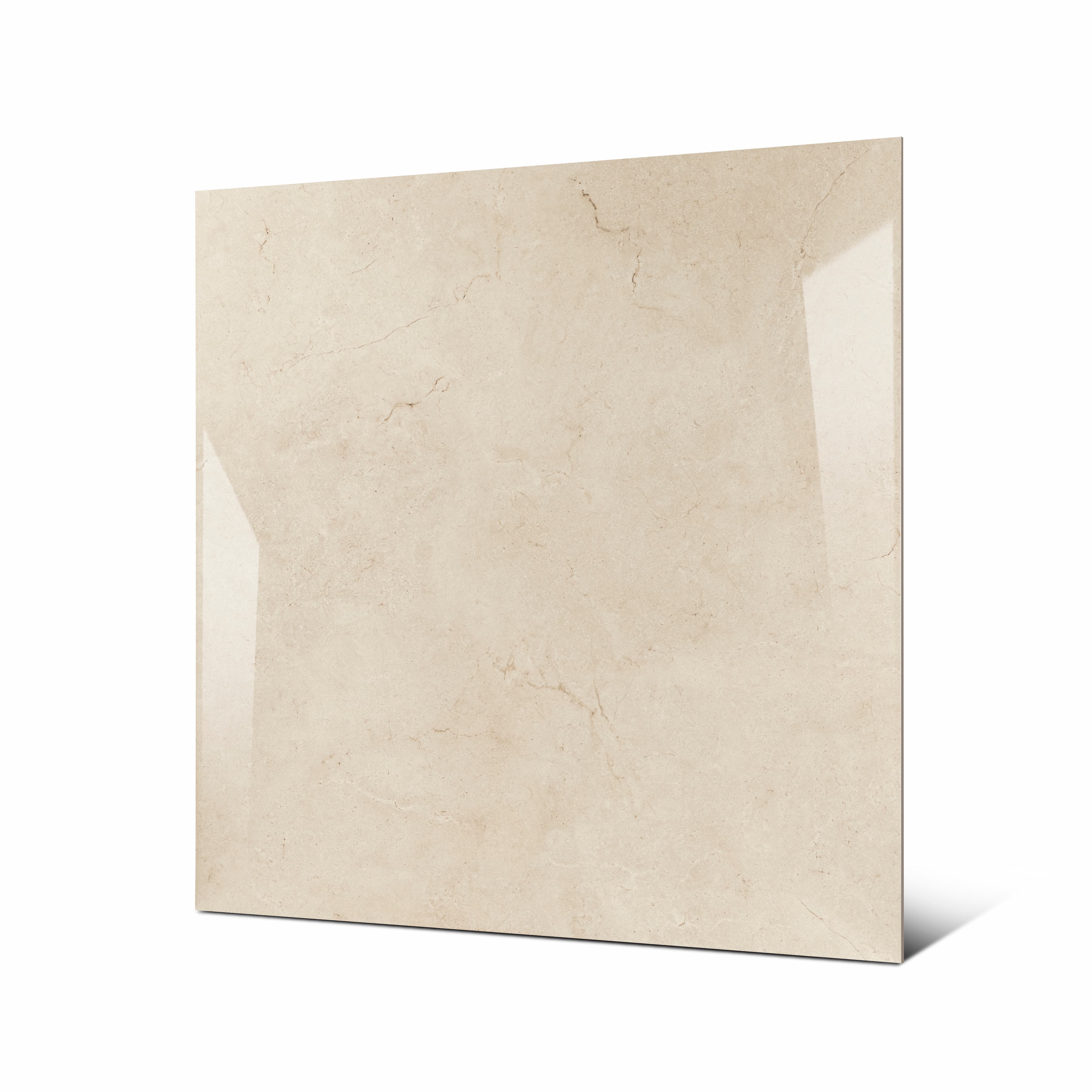 Marfil Pearl large format porcelain tile angled view highlighting polished Crema Marfil marble finish and rectified edges