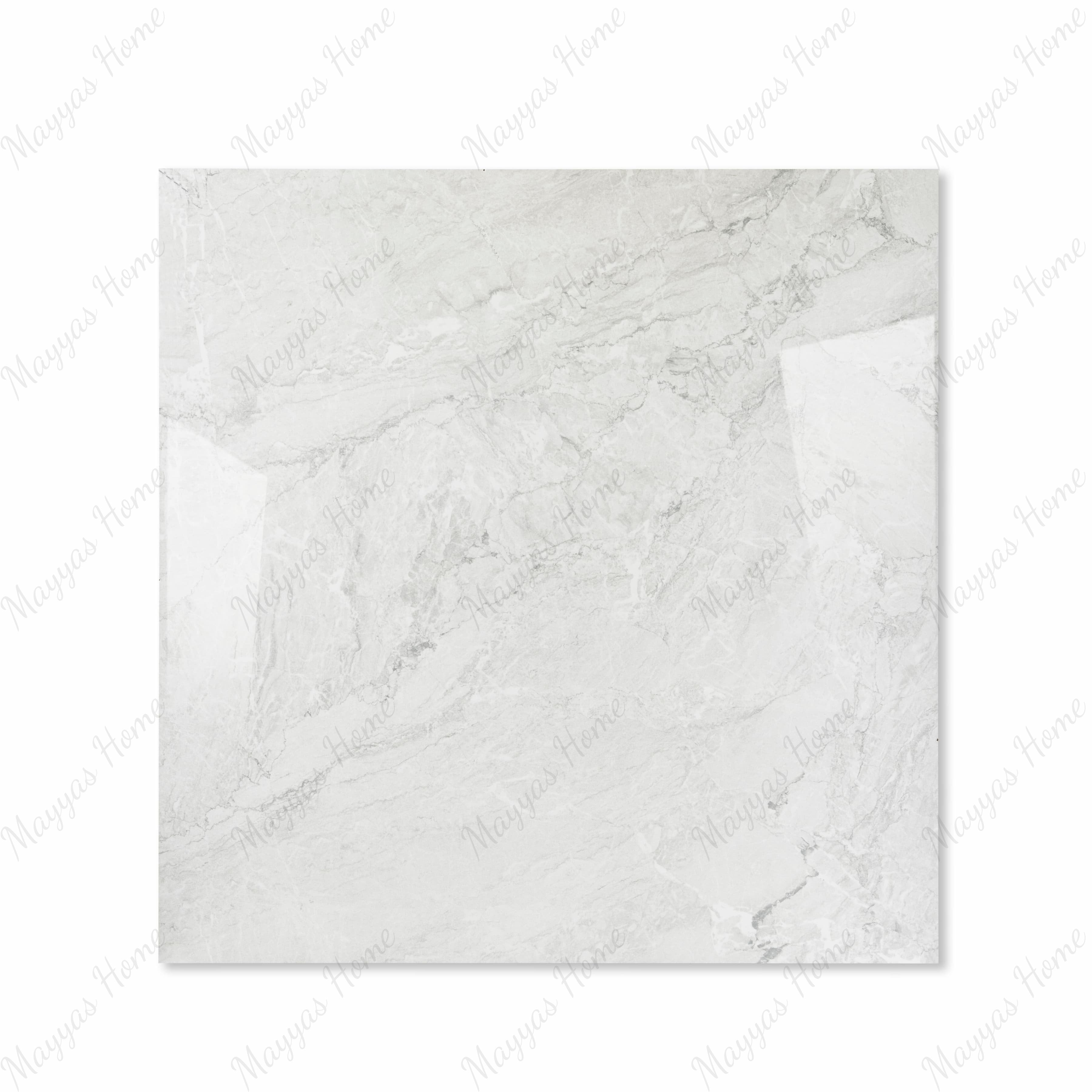 Silver Fume glossy porcelain tile 120x120cm displayed on easel against luxury marble backdrop for UAE interior design