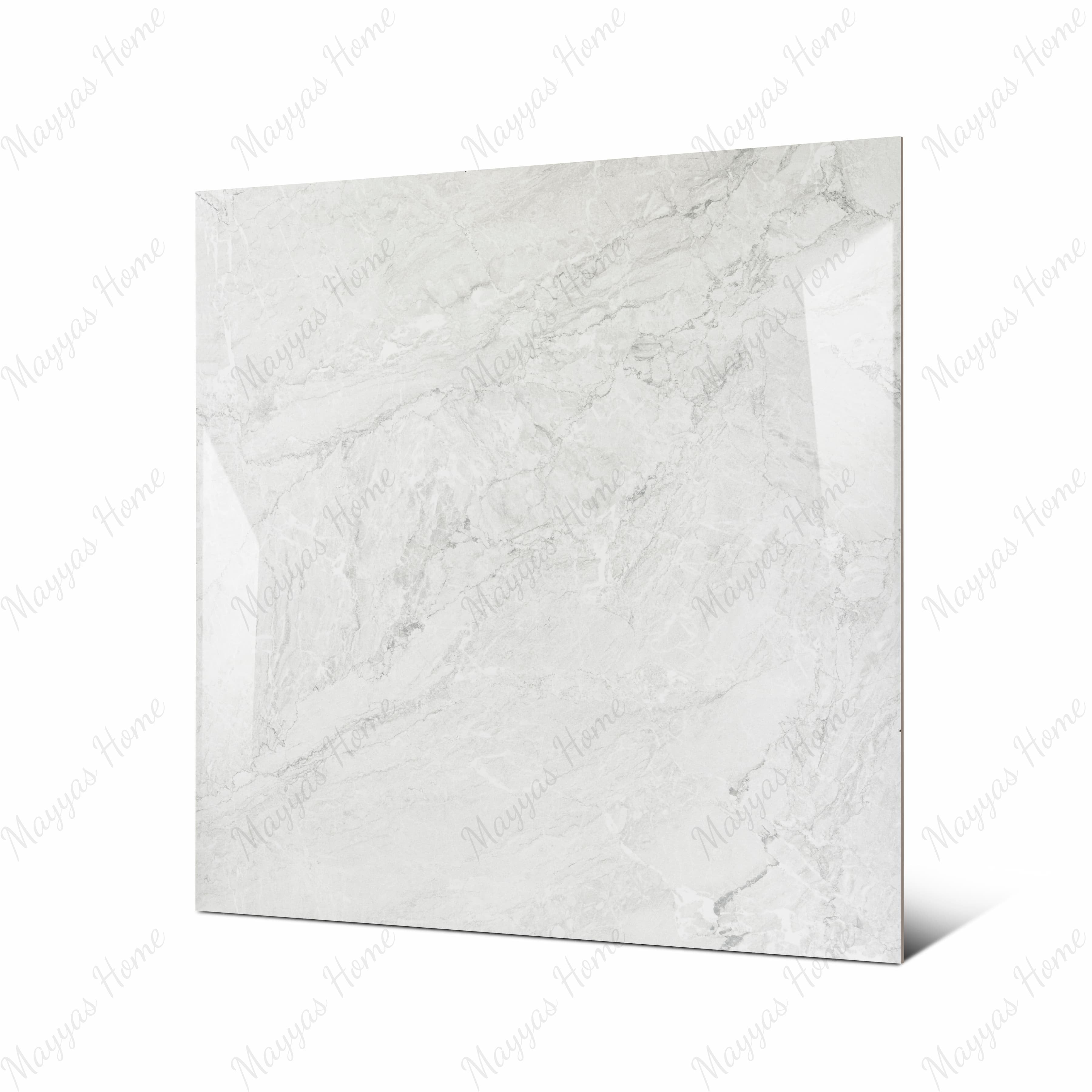 Silver Fume large format porcelain tile angled view highlighting polished marble finish, dramatic veining, and rectified edges