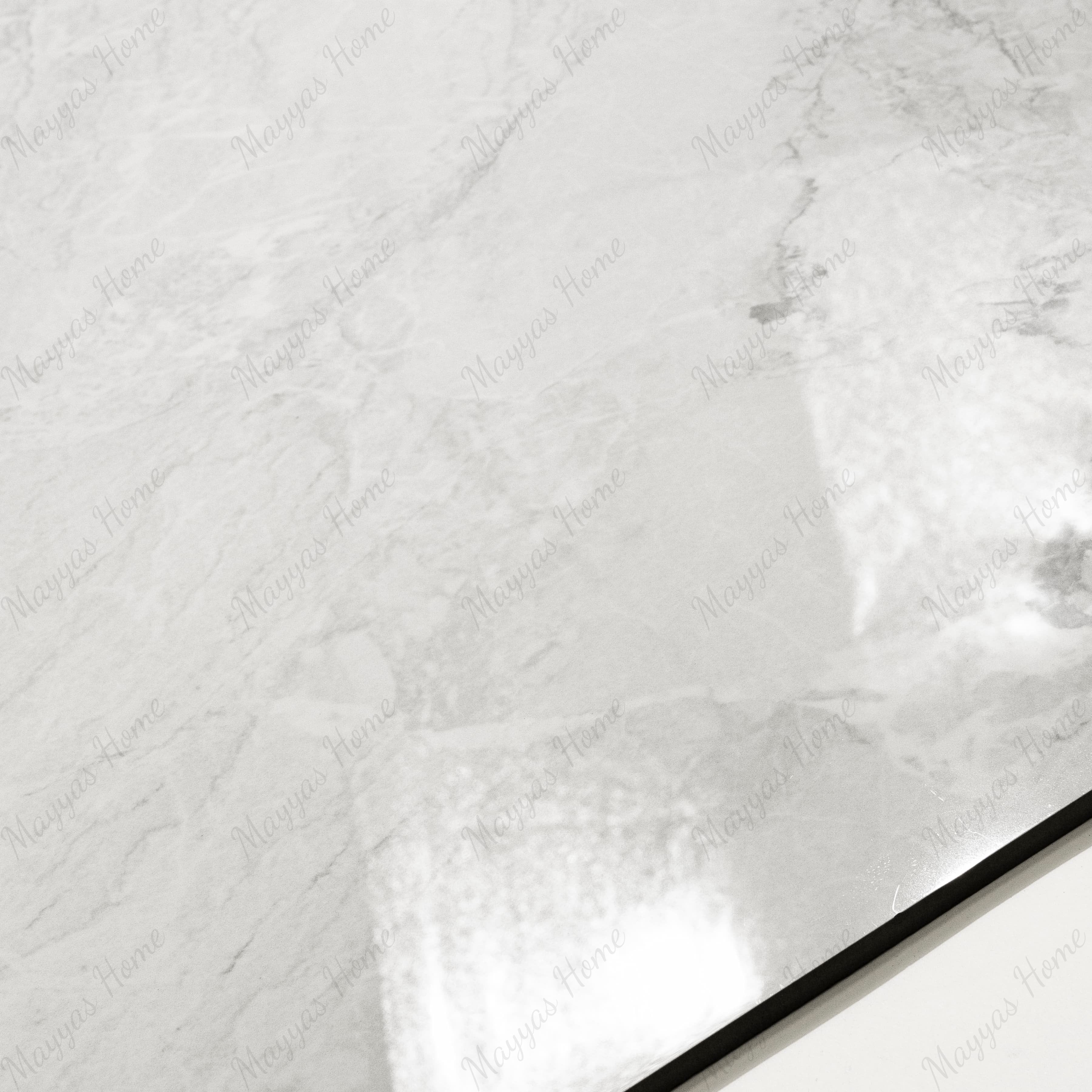 Close-up of Silver Fume glossy porcelain tile showing mirror-polished white marble surface with detailed silver vein clusters and 9mm thickness