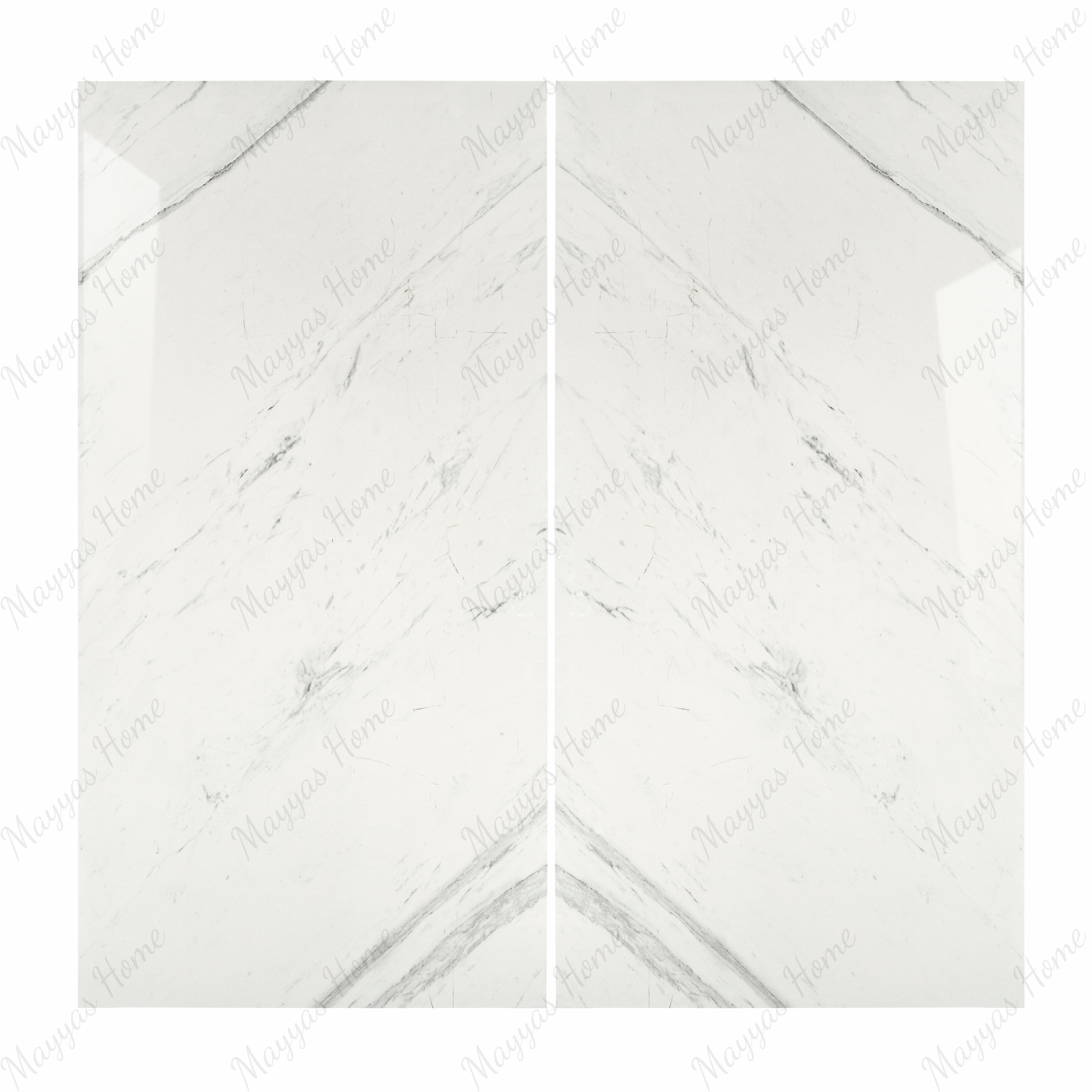 Statuario Platina BM porcelain slab flat view showing pure white statuario marble surface with bold diagonal grey veins and subtle wispy detailing