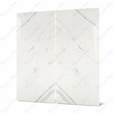 Close-up of Statuario Platina BM porcelain slab showing mirror-polished white surface with detailed silver-grey vein patterns and crystalline movement