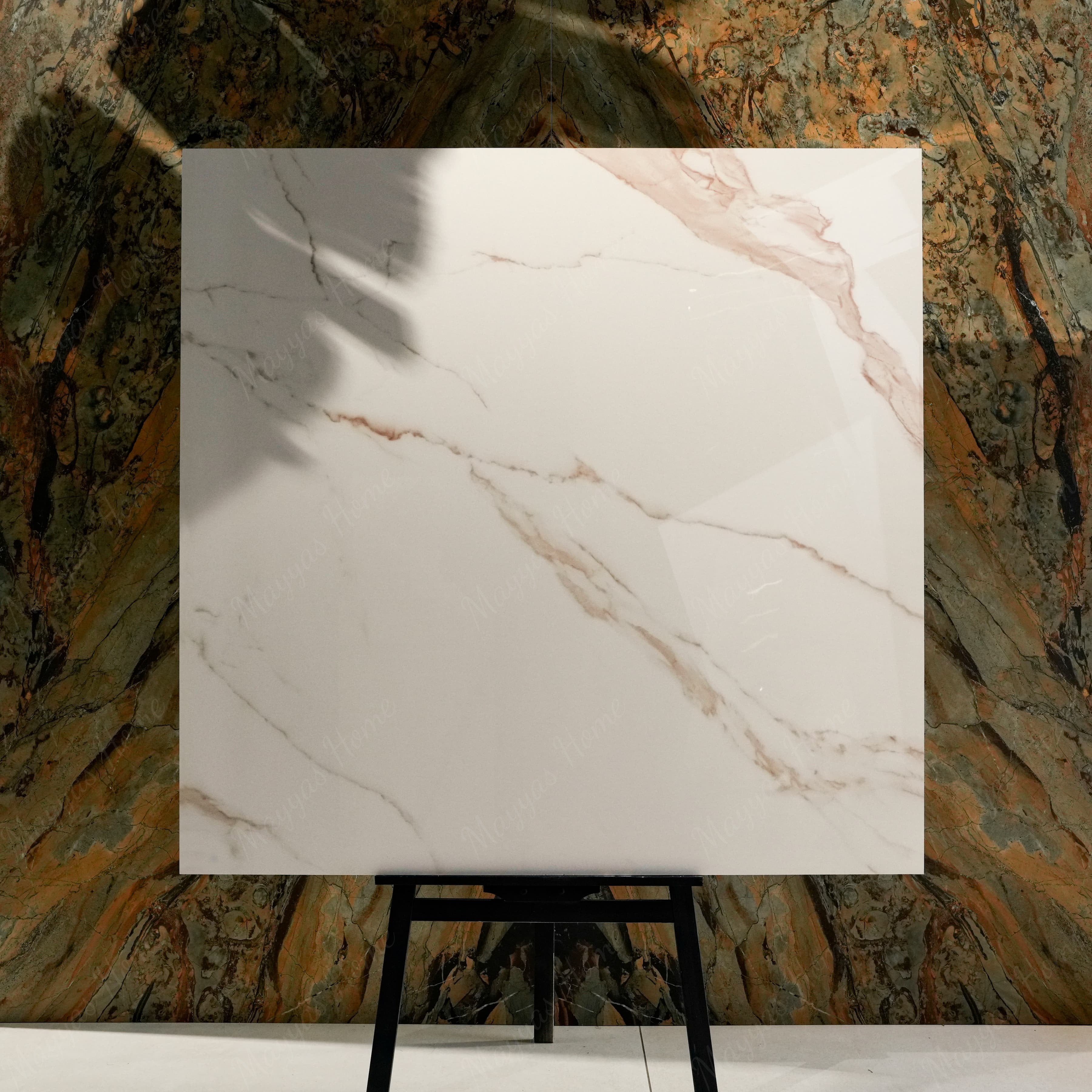 Grisial Pink 120x120cm glossy porcelain tile flat view showing soft ivory marble surface with warm copper and gold veining