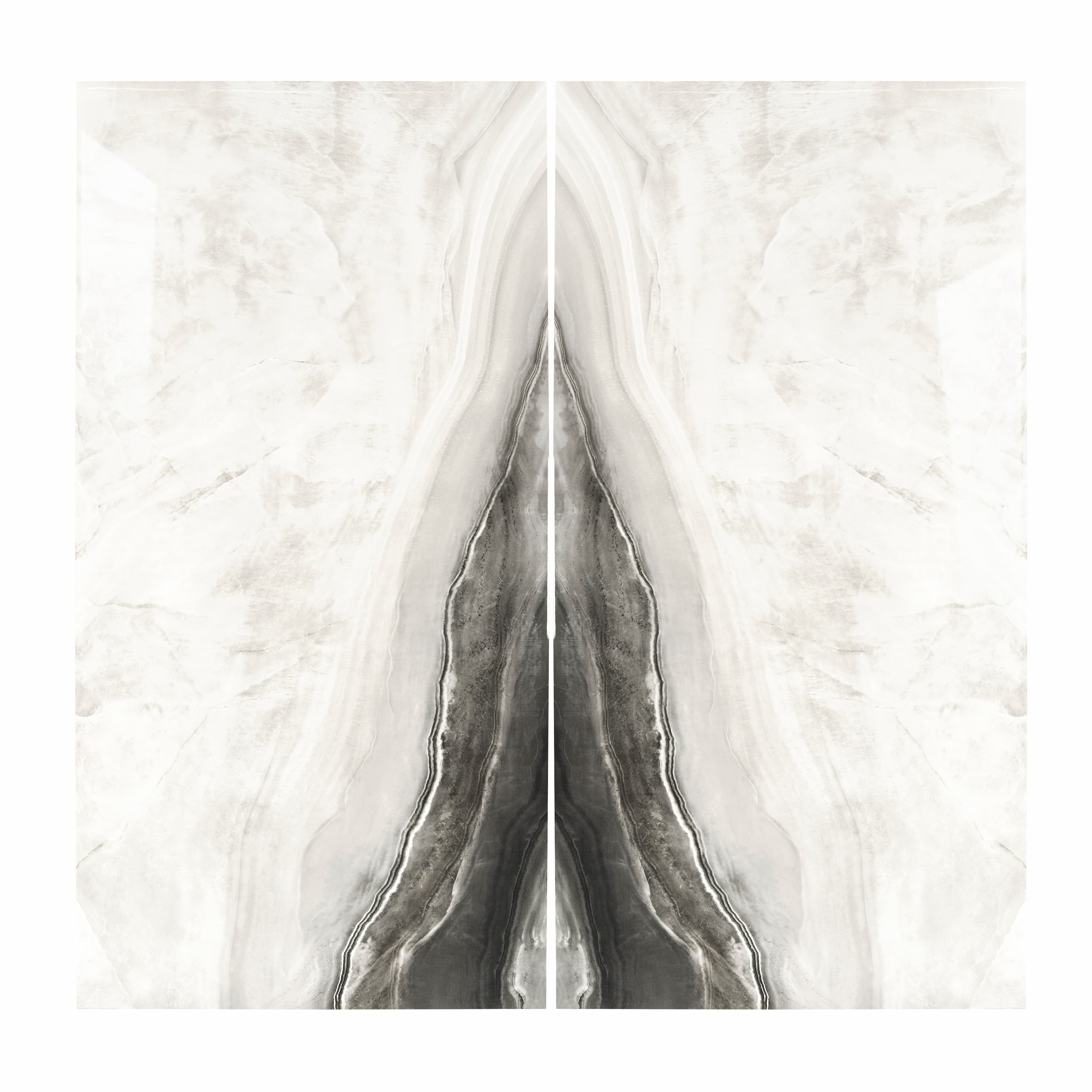 Agata Onyx BM porcelain slab flat view showing pearl white onyx surface with sweeping charcoal grey agate banding and natural ripple patterns