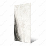 Agata Onyx BM large format porcelain slab angled view highlighting polished onyx finish, contrasting white and smoky grey wave movement, and rectified edges