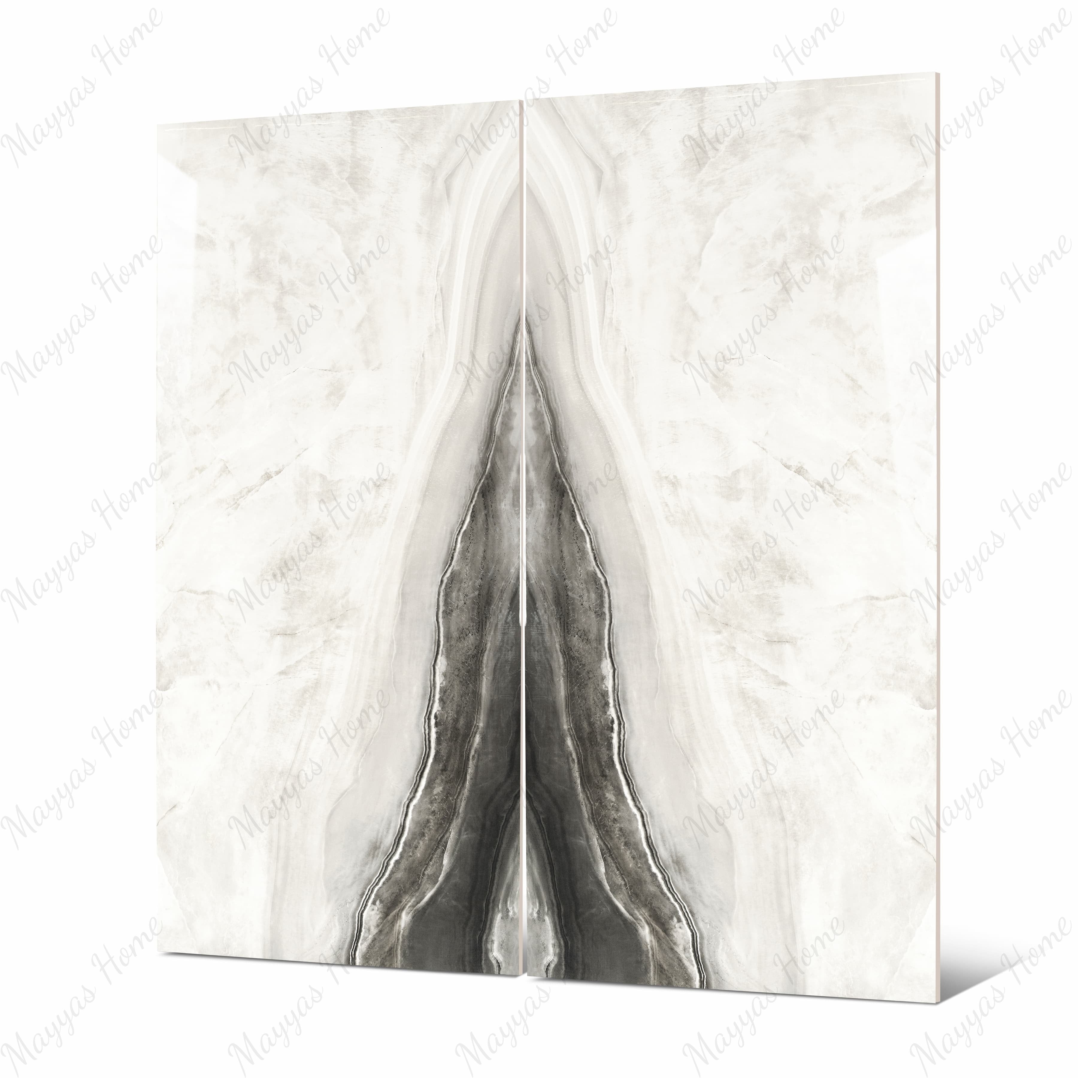Close-up of Agata Onyx BM porcelain slab showing mirror-polished surface with detailed layered agate banding and translucent grey-white tonal flow