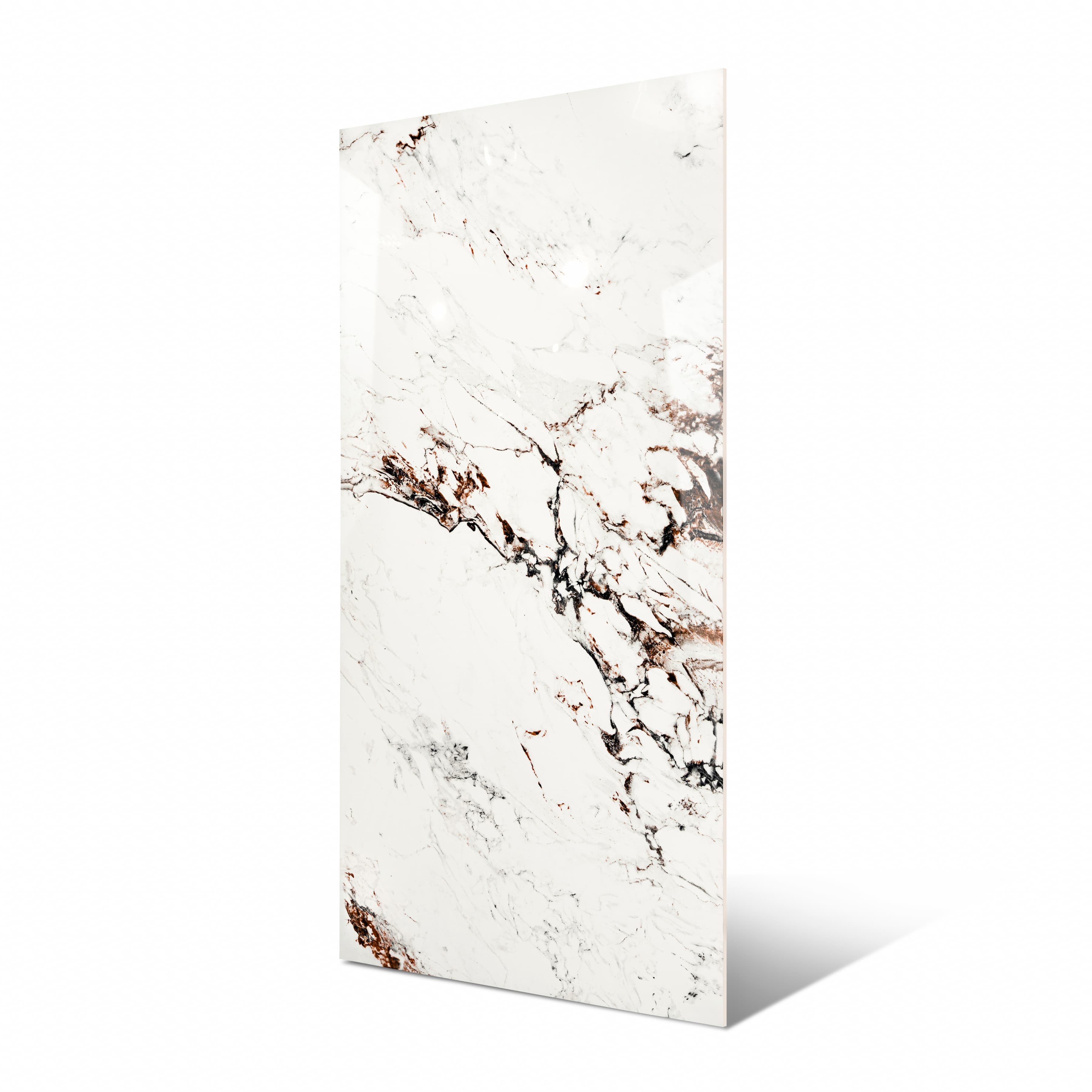 Statuario Rena 120x240cm glossy tile with grey veining on a white base. Durable and elegant, perfect for walls, floors, and modern luxury interiors.