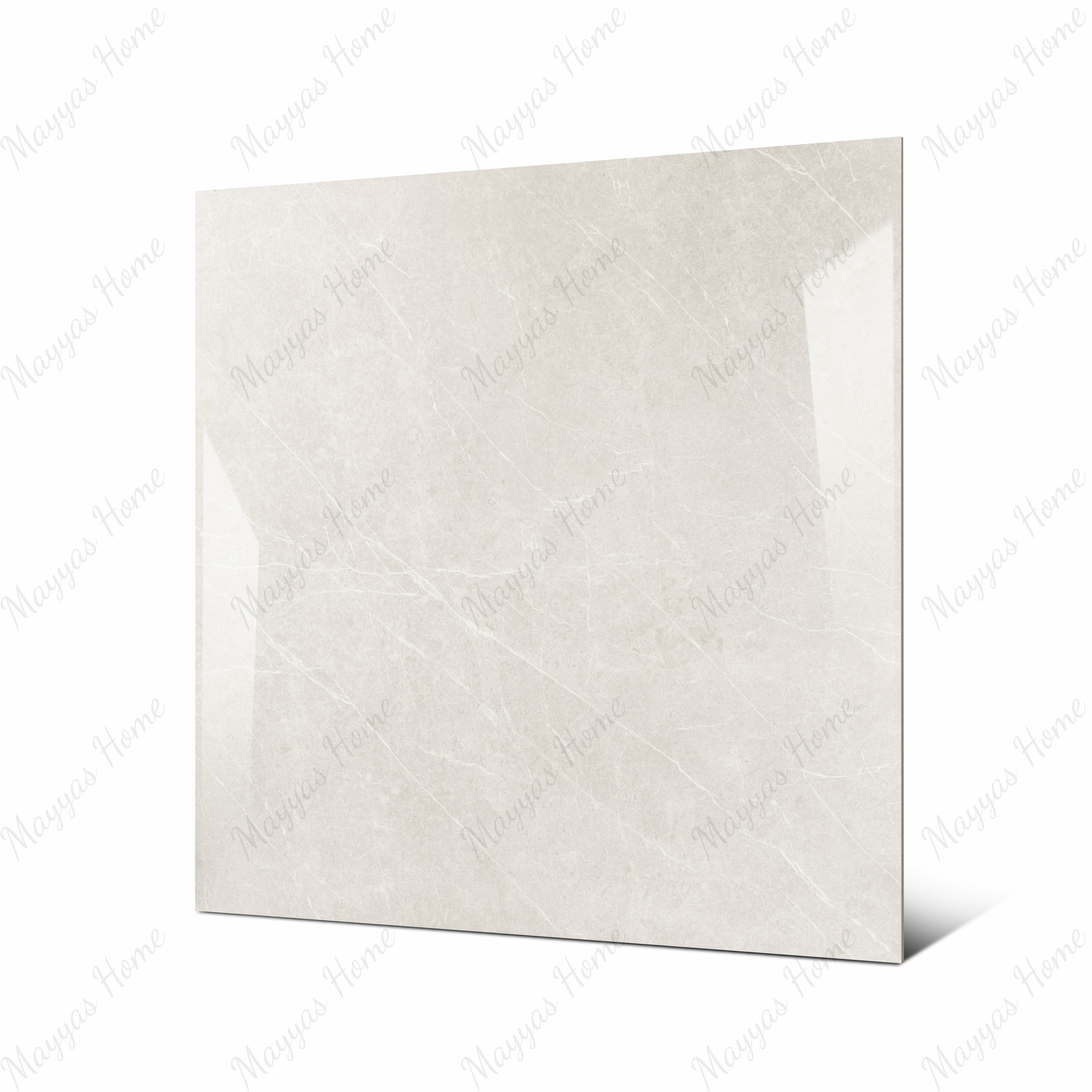 Pietra Bianco large format porcelain tile angled view highlighting polished limestone marble finish, subtle veining, and rectified edges