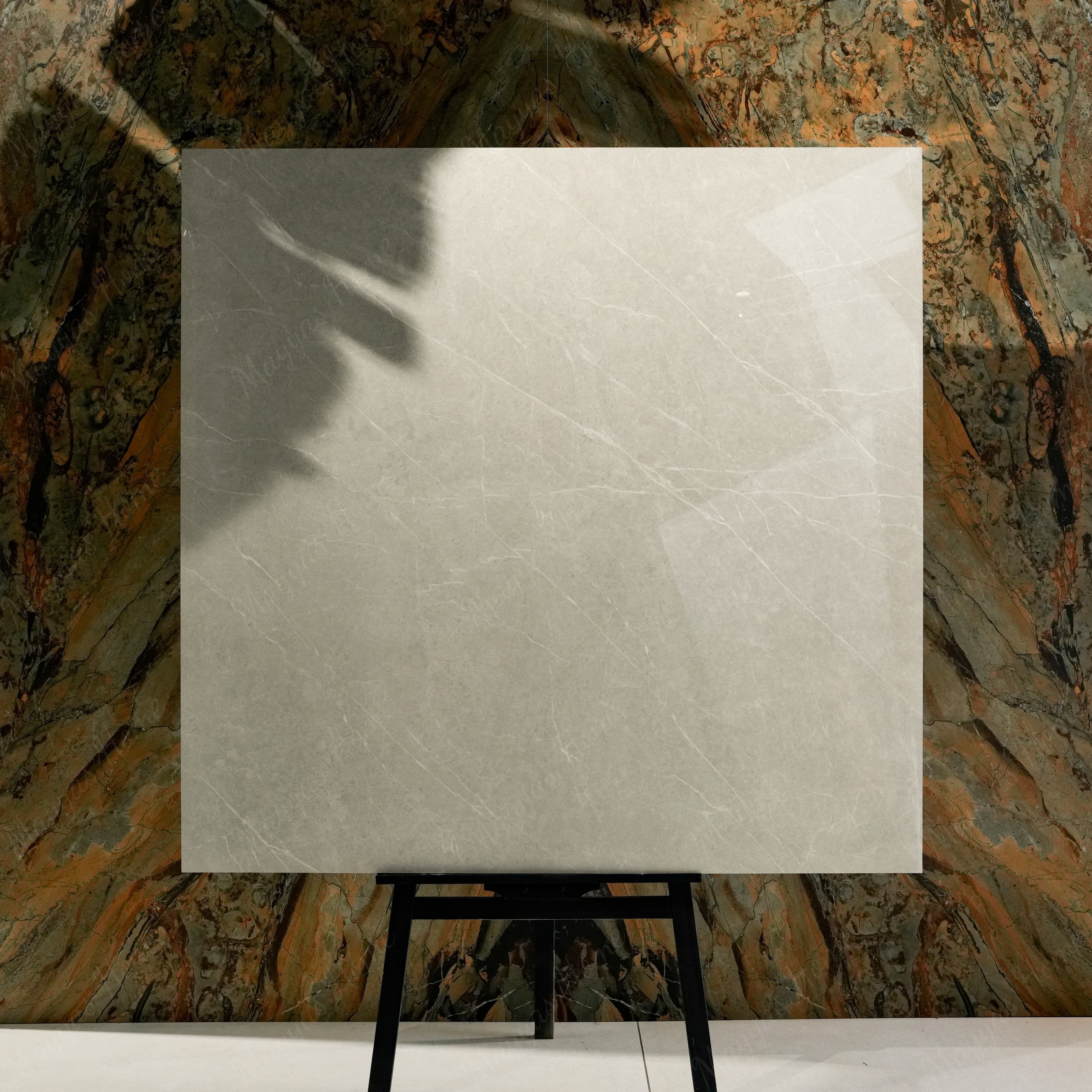 Pietra Bianco 120x120cm glossy porcelain tile flat view showing soft ivory stone-look surface with delicate white veining