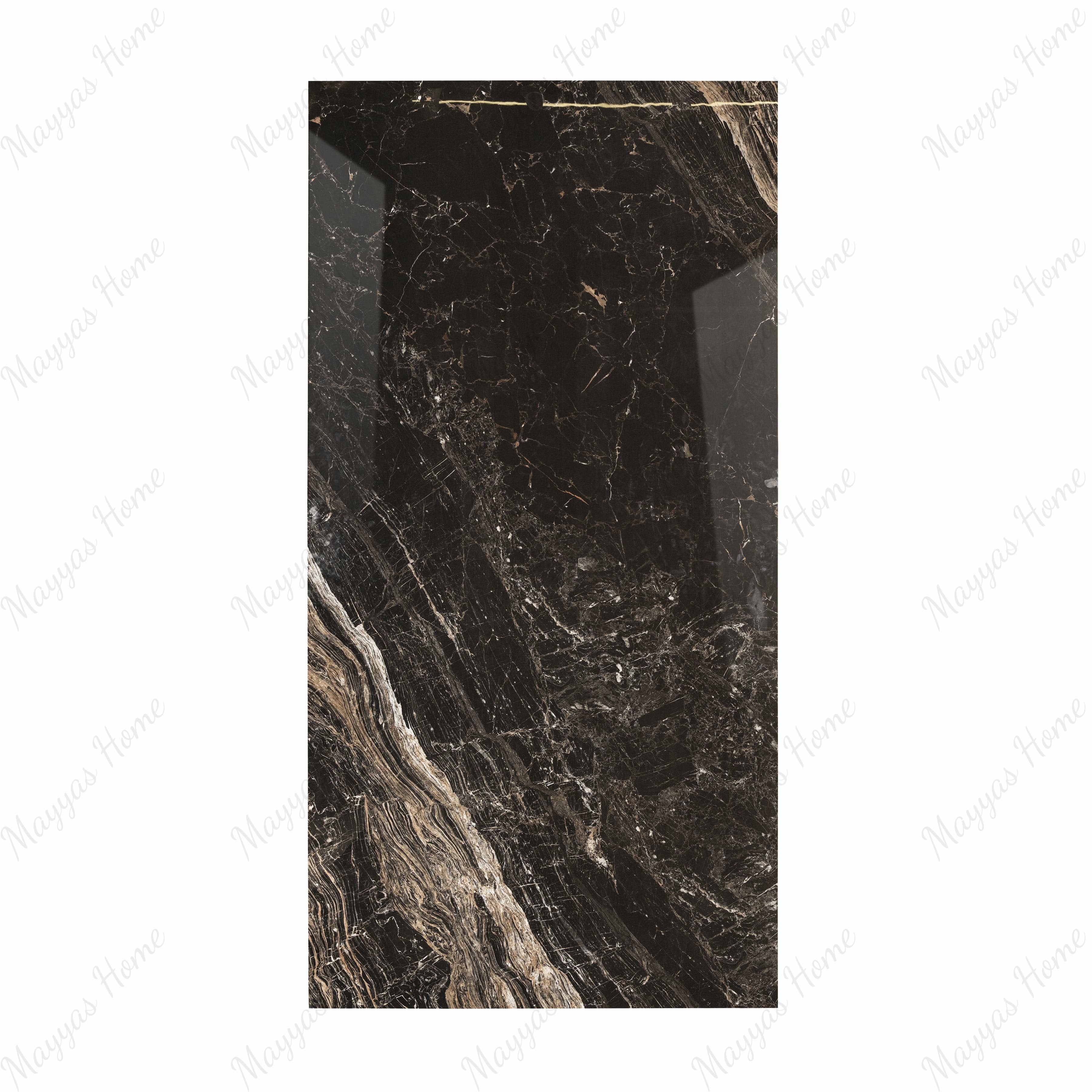 Elite Black BM porcelain slab displayed on easel against luxury backdrop showing dramatic black marble with white and amber veining for UAE interior design