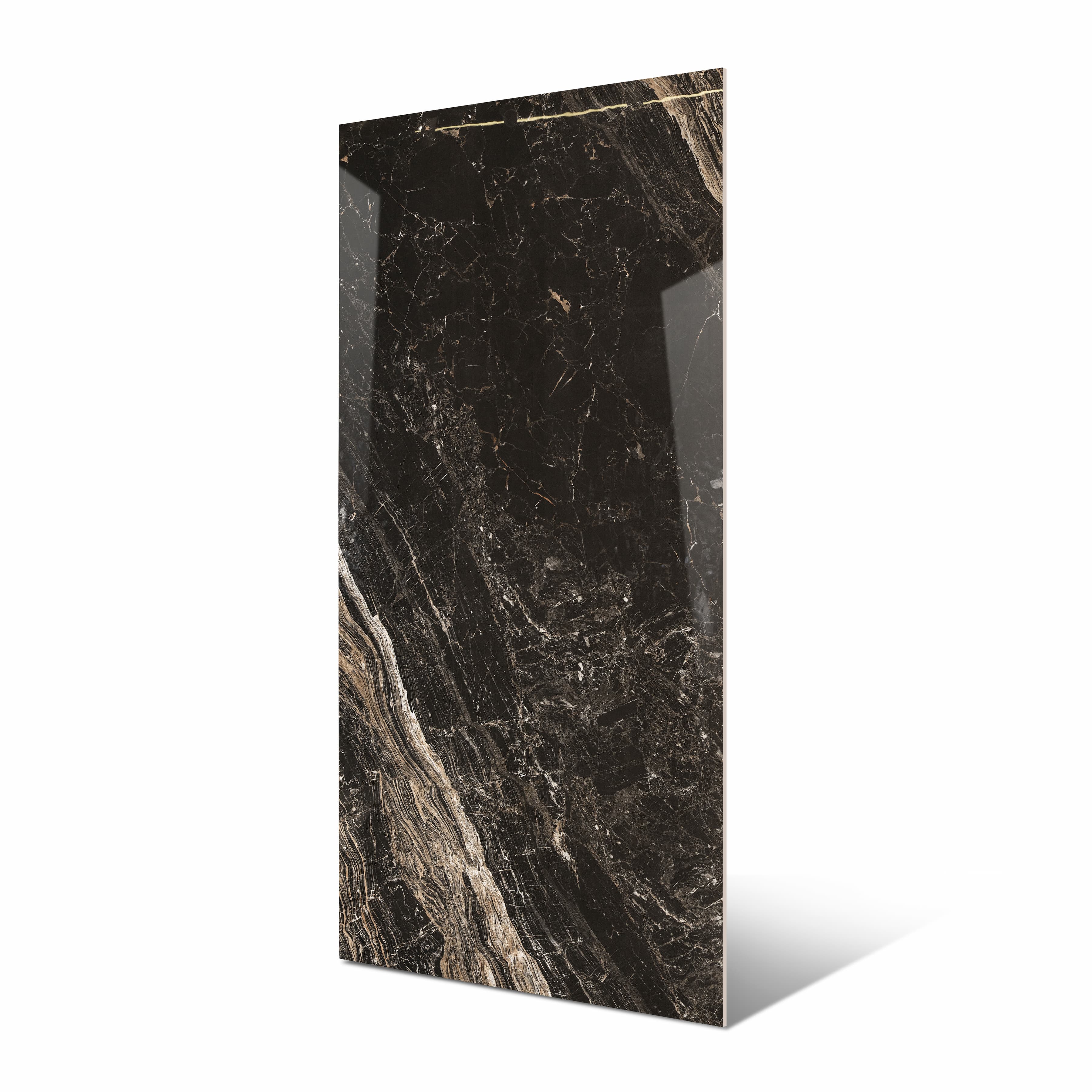 Elite Black BM large format porcelain slab angled view highlighting polished black marble finish, bold contrasting veining, and rectified edges