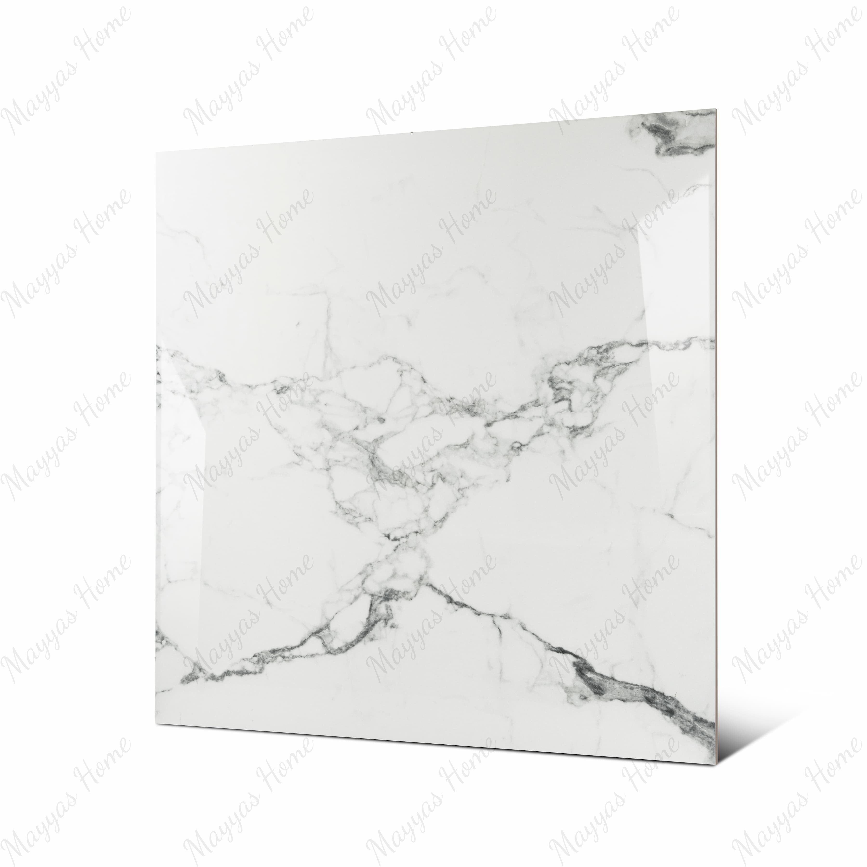 Statuario Krypton large format porcelain tile angled view highlighting polished statuario marble finish, dramatic veining, and rectified edges