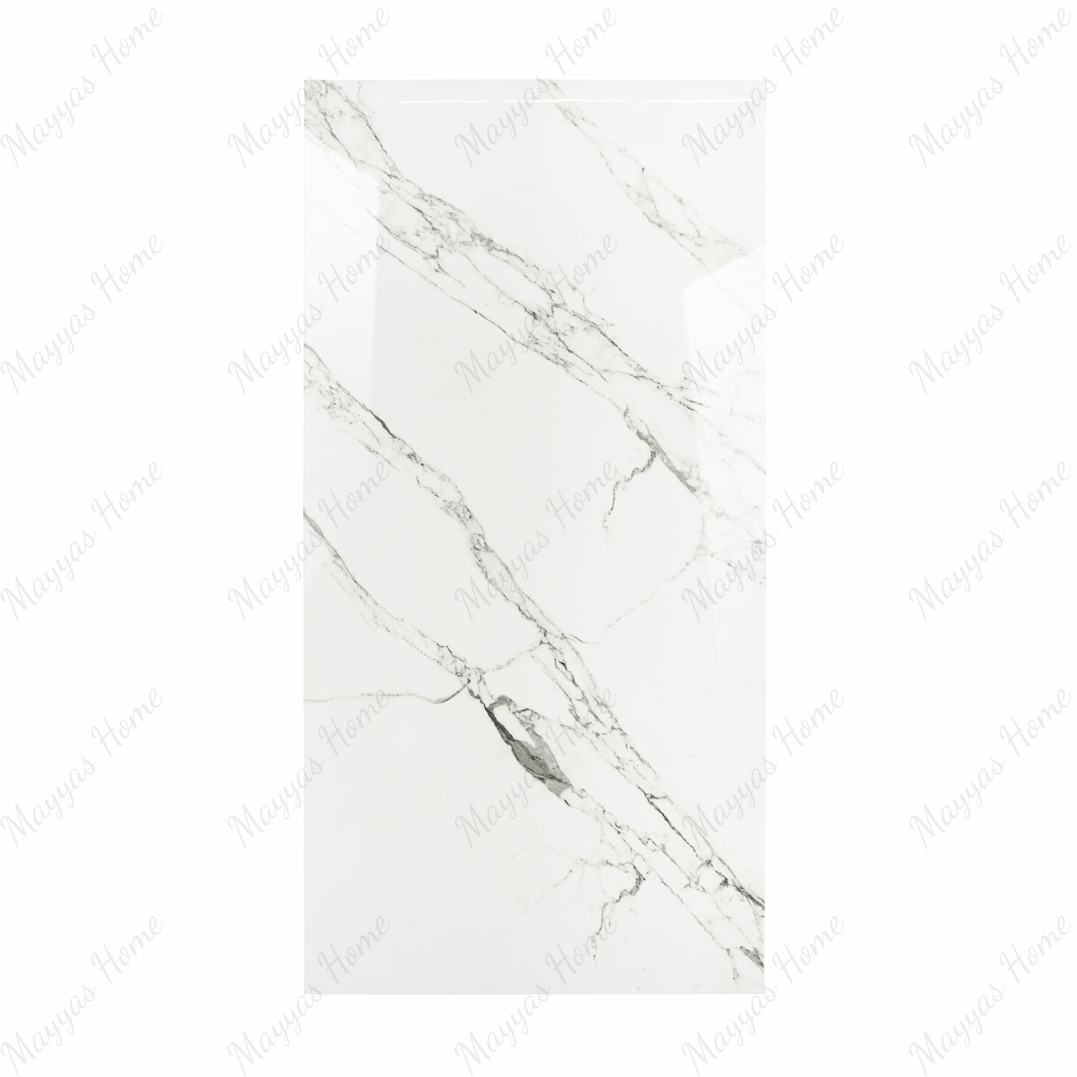 Garfagnana BM porcelain slab displayed on easel against luxury backdrop showing pure white marble surface with delicate grey diagonal veining for UAE interior design