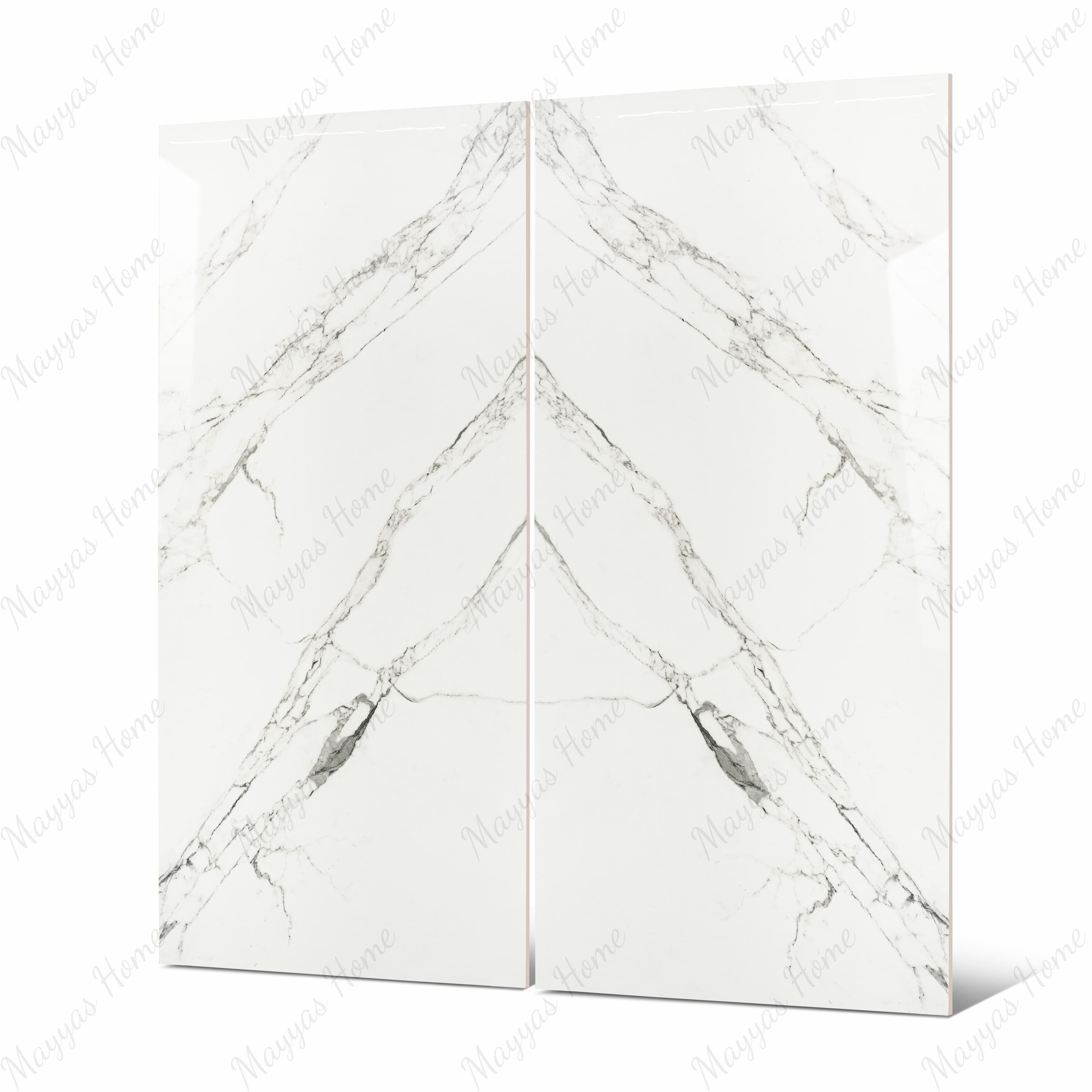 Close-up of Garfagnana BM porcelain slab showing mirror-polished white surface with detailed fine grey vein network and subtle charcoal mineral accents