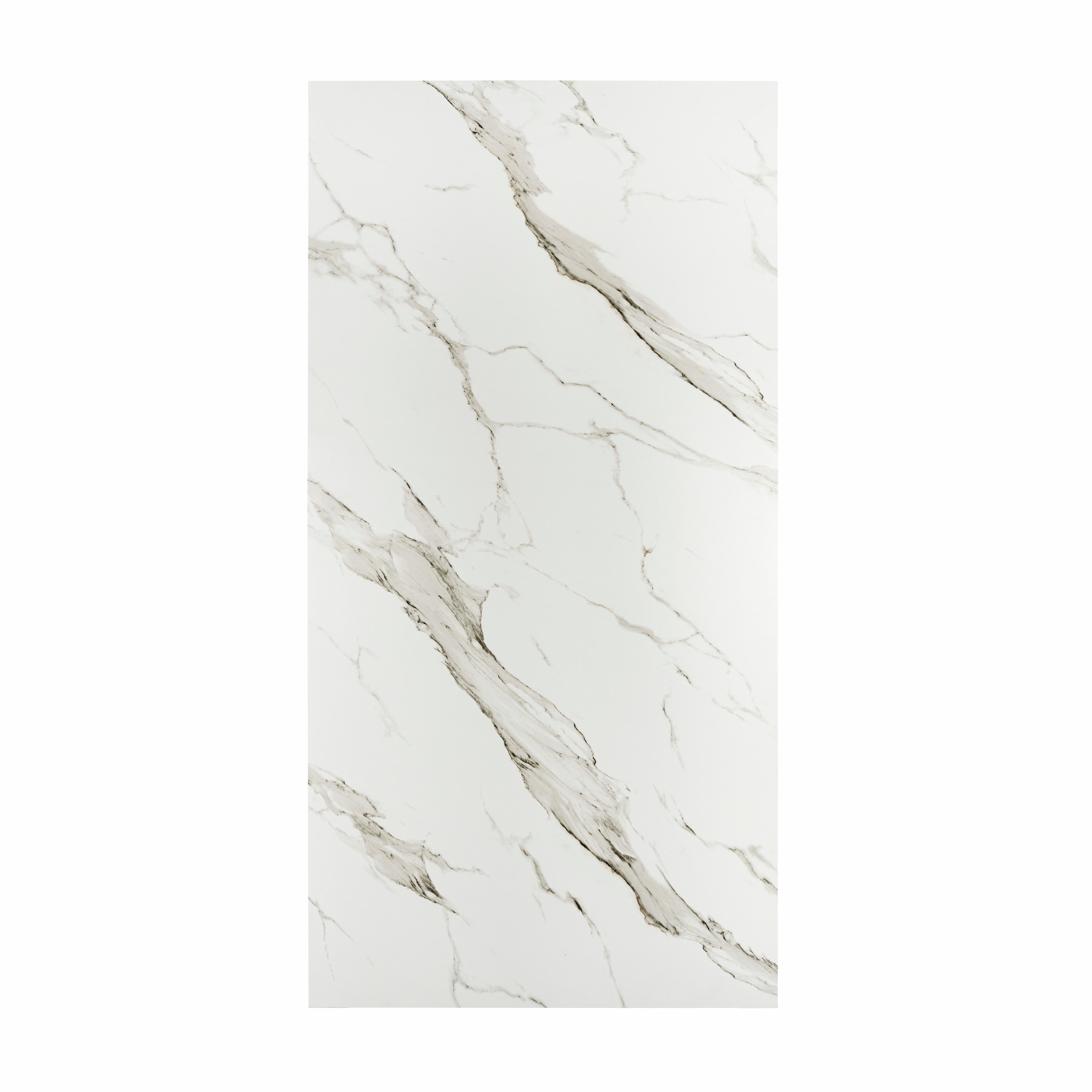 Calacatta Gold BM Matte porcelain slab displayed on easel against luxury backdrop showing white Calacatta marble with bold diagonal grey-gold veining for UAE interior design
