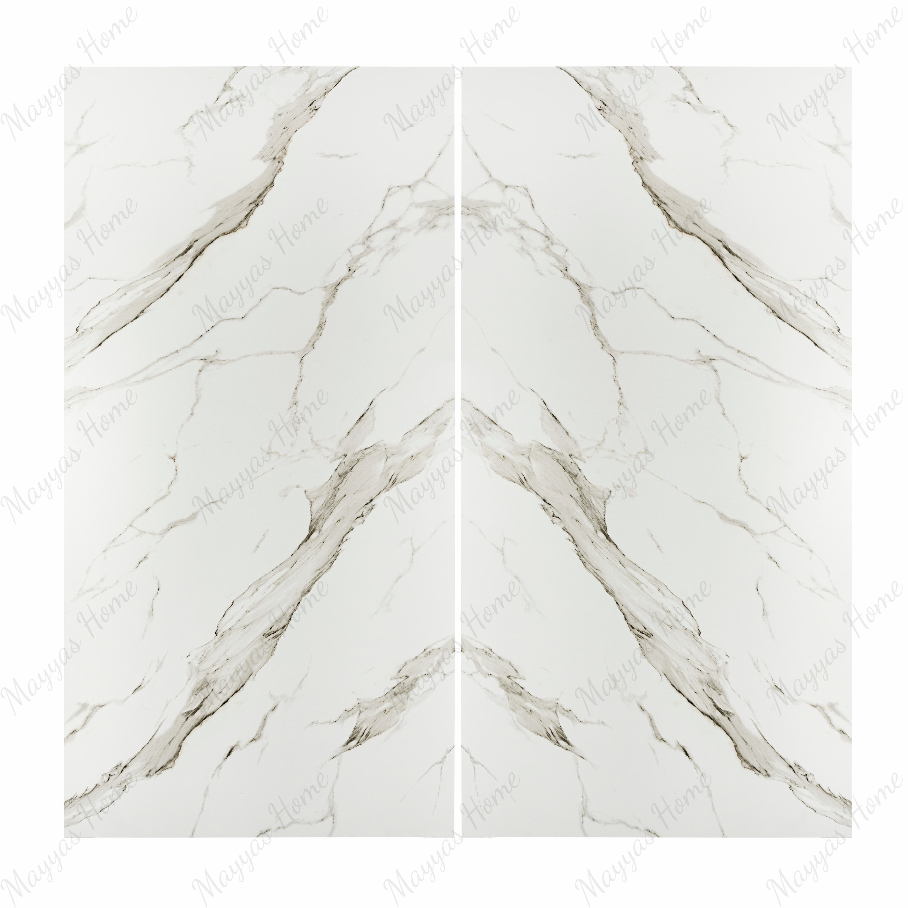 Calacatta Gold BM Matte porcelain slab flat view showing bright white marble surface with dramatic sweeping grey veins and subtle golden mineral accents