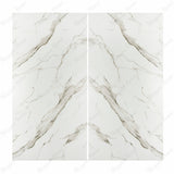 Calacatta Gold BM Matte porcelain slab flat view showing bright white marble surface with dramatic sweeping grey veins and subtle golden mineral accents