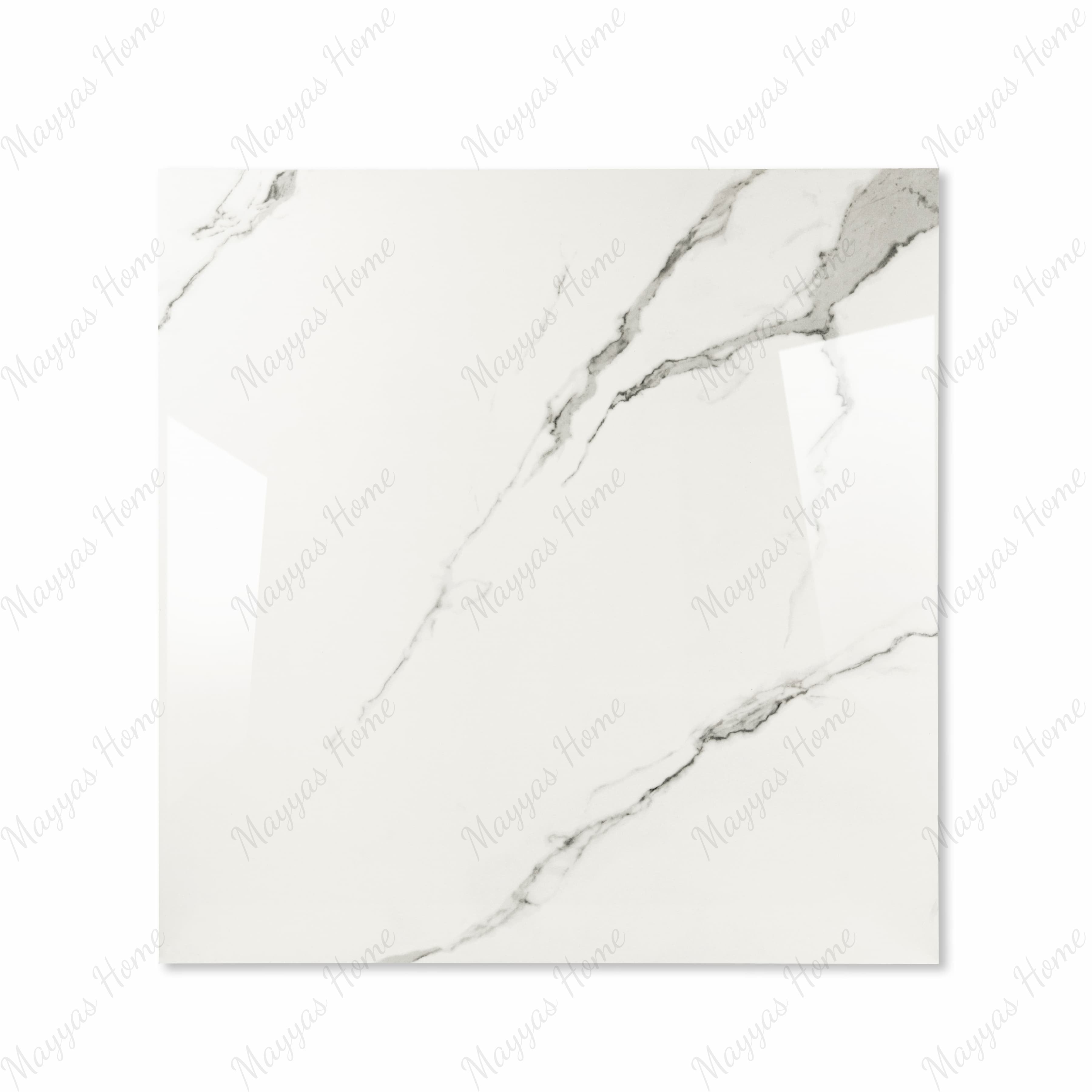 Statuario Hexa glossy porcelain tile 120x120cm displayed on easel against luxury marble backdrop for UAE interior design