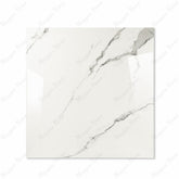 Statuario Hexa glossy porcelain tile 120x120cm displayed on easel against luxury marble backdrop for UAE interior design
