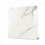 Statuario Hexa large format porcelain tile angled view highlighting polished statuario marble finish, refined veining, and rectified edges