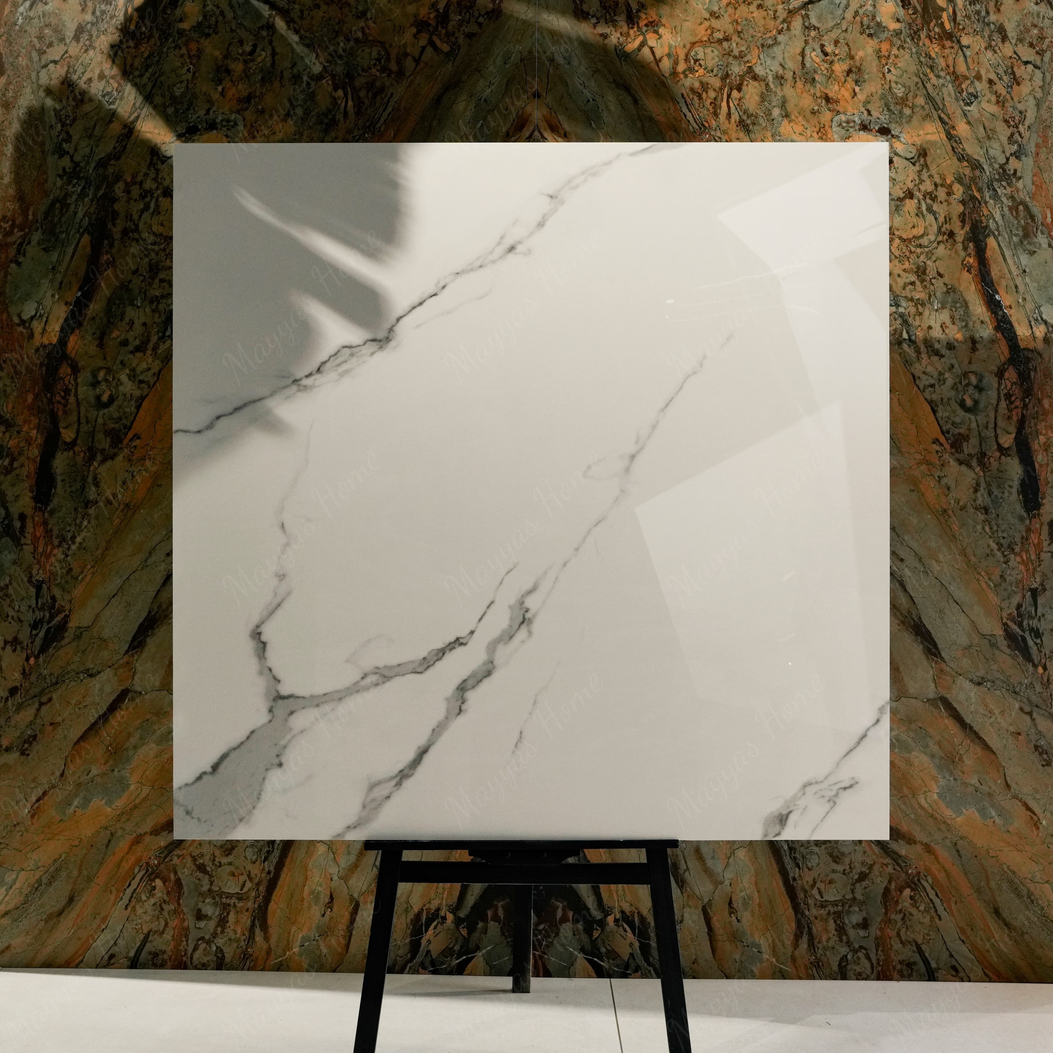 Statuario Hexa 120x120cm glossy porcelain tile flat view showing pure white statuario marble surface with elegant grey diagonal veining