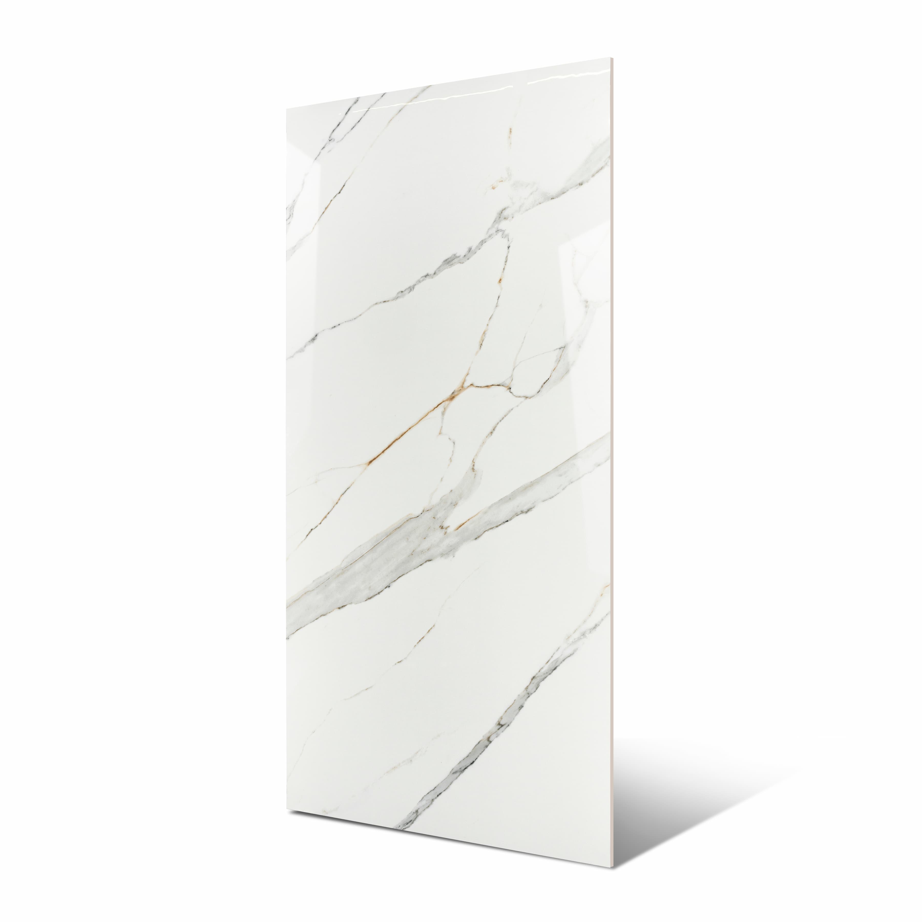 Gronza White BM large format porcelain slab angled view highlighting polished white marble finish, refined linear veining, and rectified edges