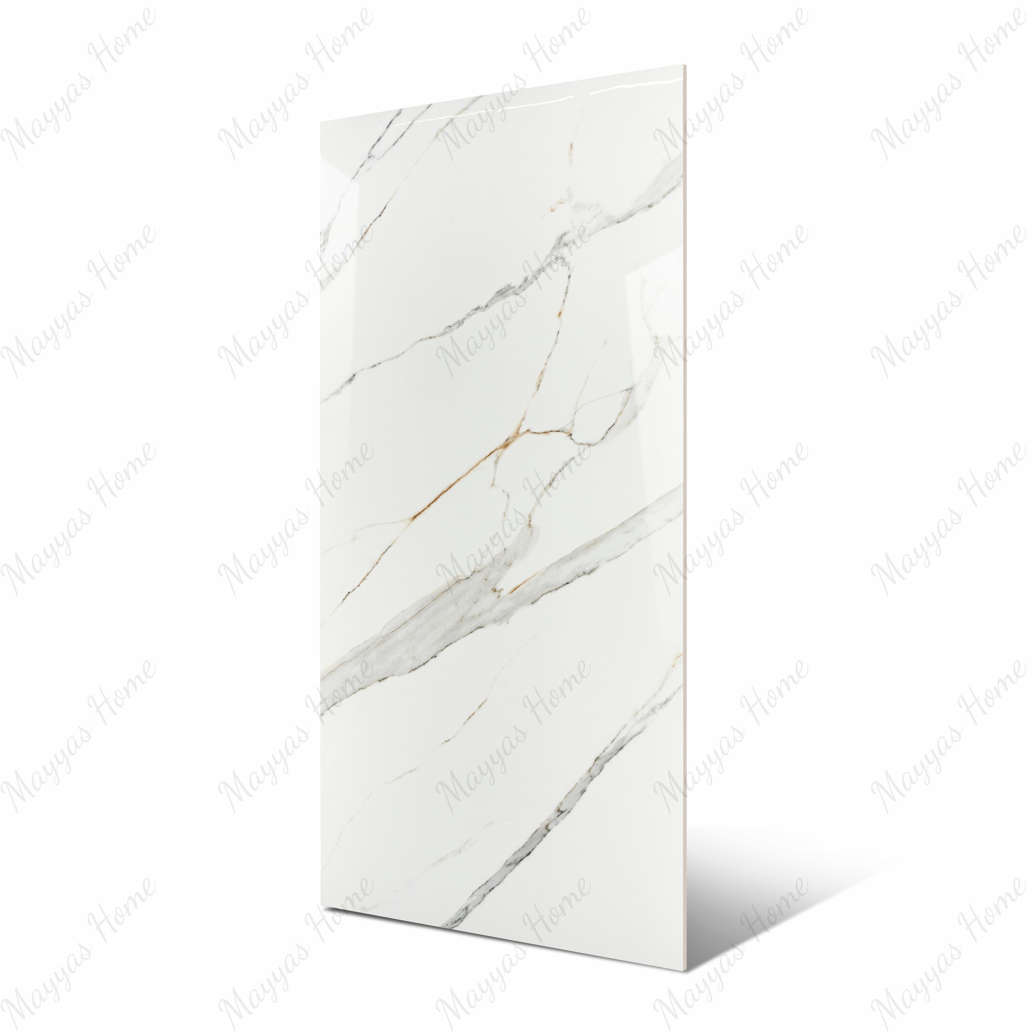 Gronza White BM large format porcelain slab angled view highlighting polished white marble finish, refined linear veining, and rectified edges