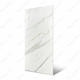 Gronza White BM large format porcelain slab angled view highlighting polished white marble finish, refined linear veining, and rectified edges