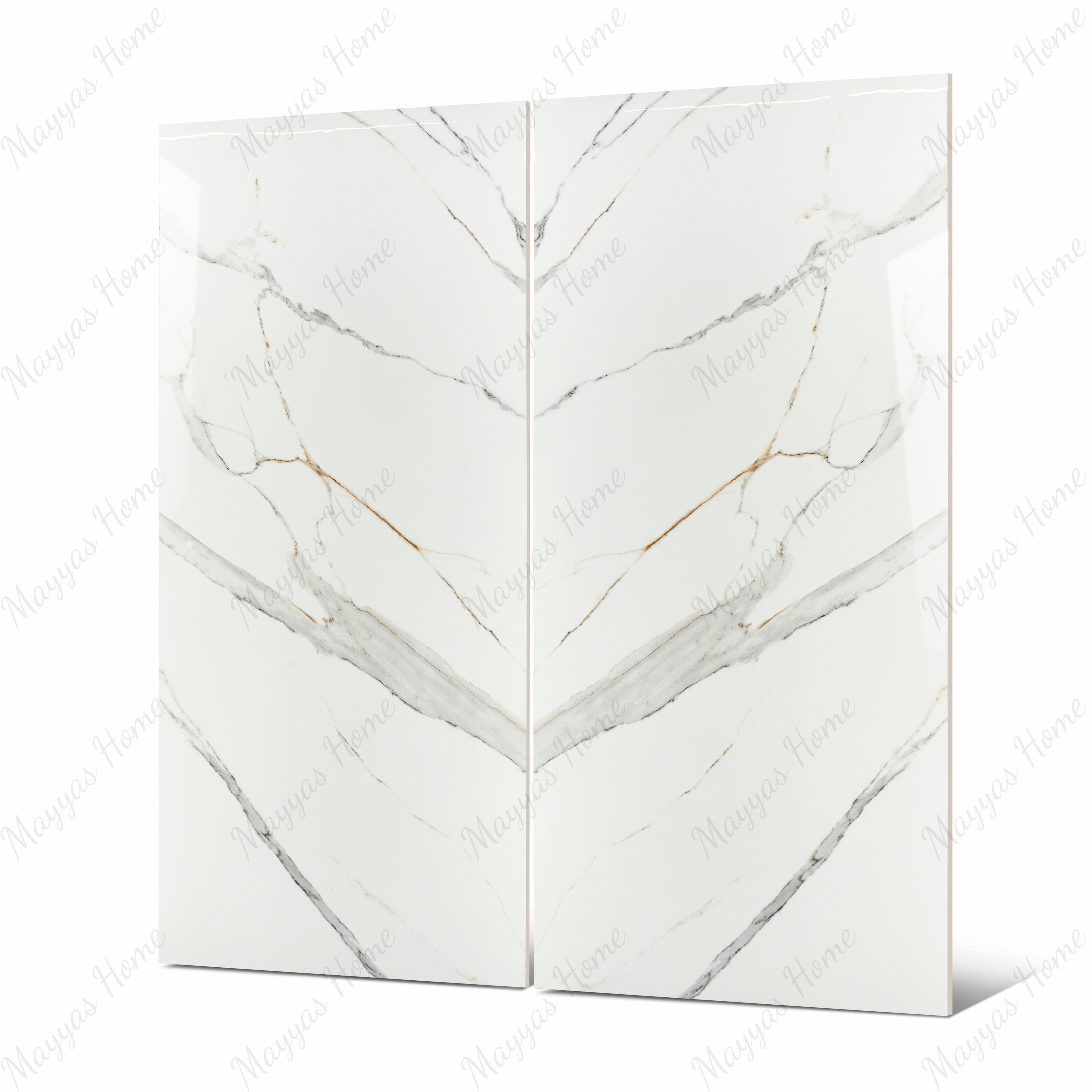 Close-up of Gronza White BM porcelain slab showing mirror-polished white surface with detailed grey-gold vein patterns and subtle amber tonal accents