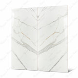 Close-up of Gronza White BM porcelain slab showing mirror-polished white surface with detailed grey-gold vein patterns and subtle amber tonal accents