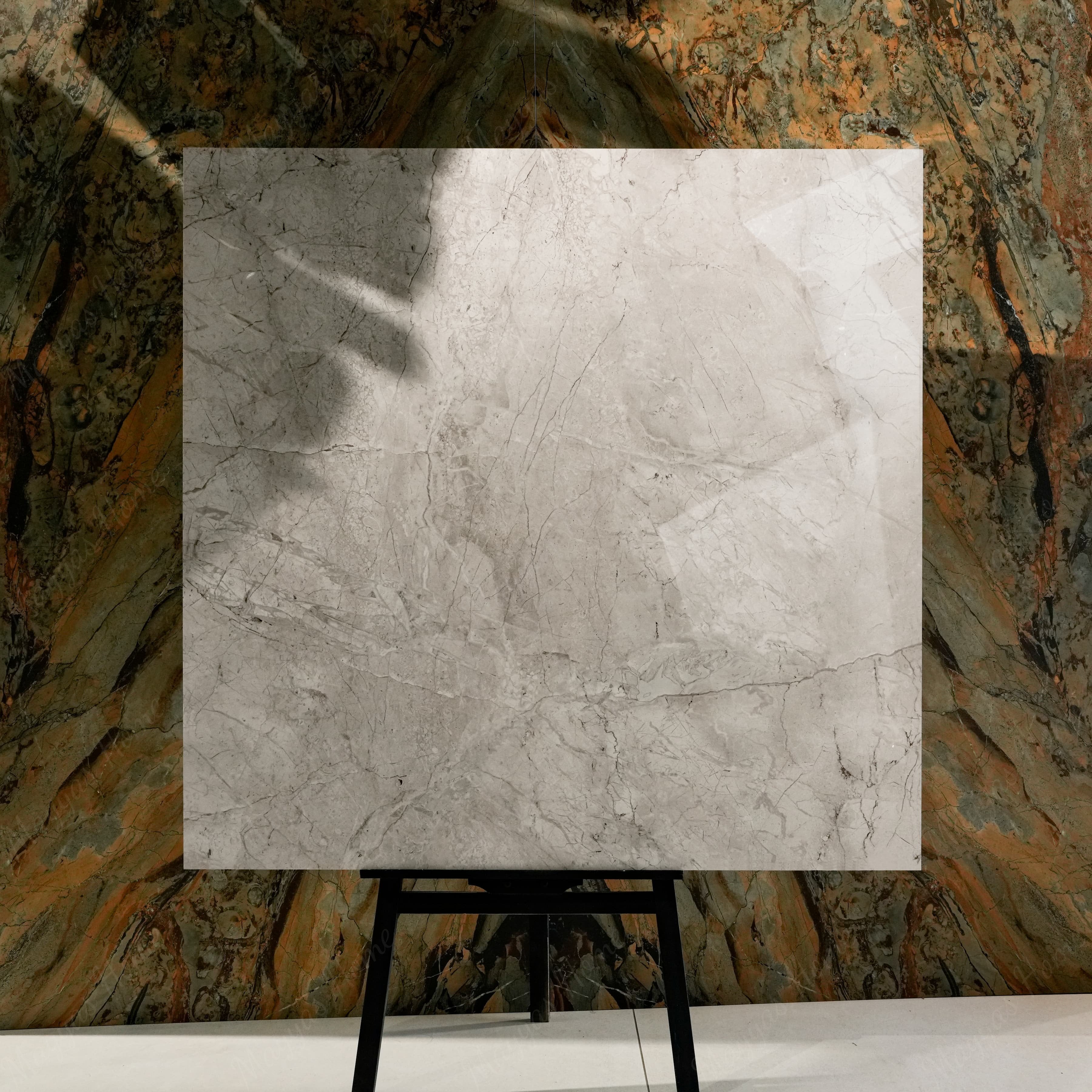 Breccia Bianco 120x120cm glossy porcelain tile flat view showing warm greige breccia marble surface with intricate fractured veining