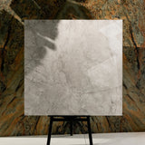 Breccia Bianco 120x120cm glossy porcelain tile flat view showing warm greige breccia marble surface with intricate fractured veining
