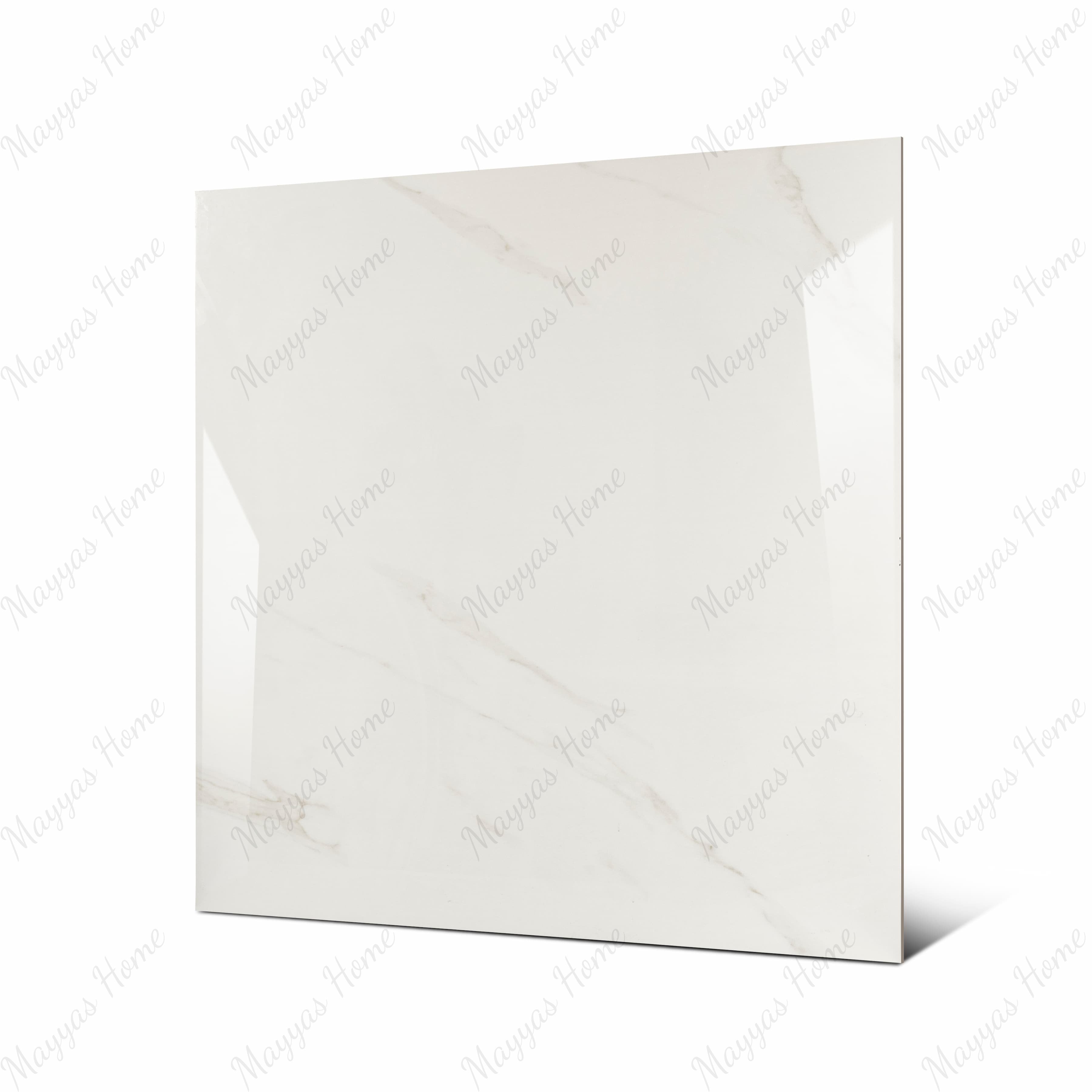 Smoke White large format porcelain tile angled view highlighting polished Calacatta marble finish, subtle veining, and rectified edges