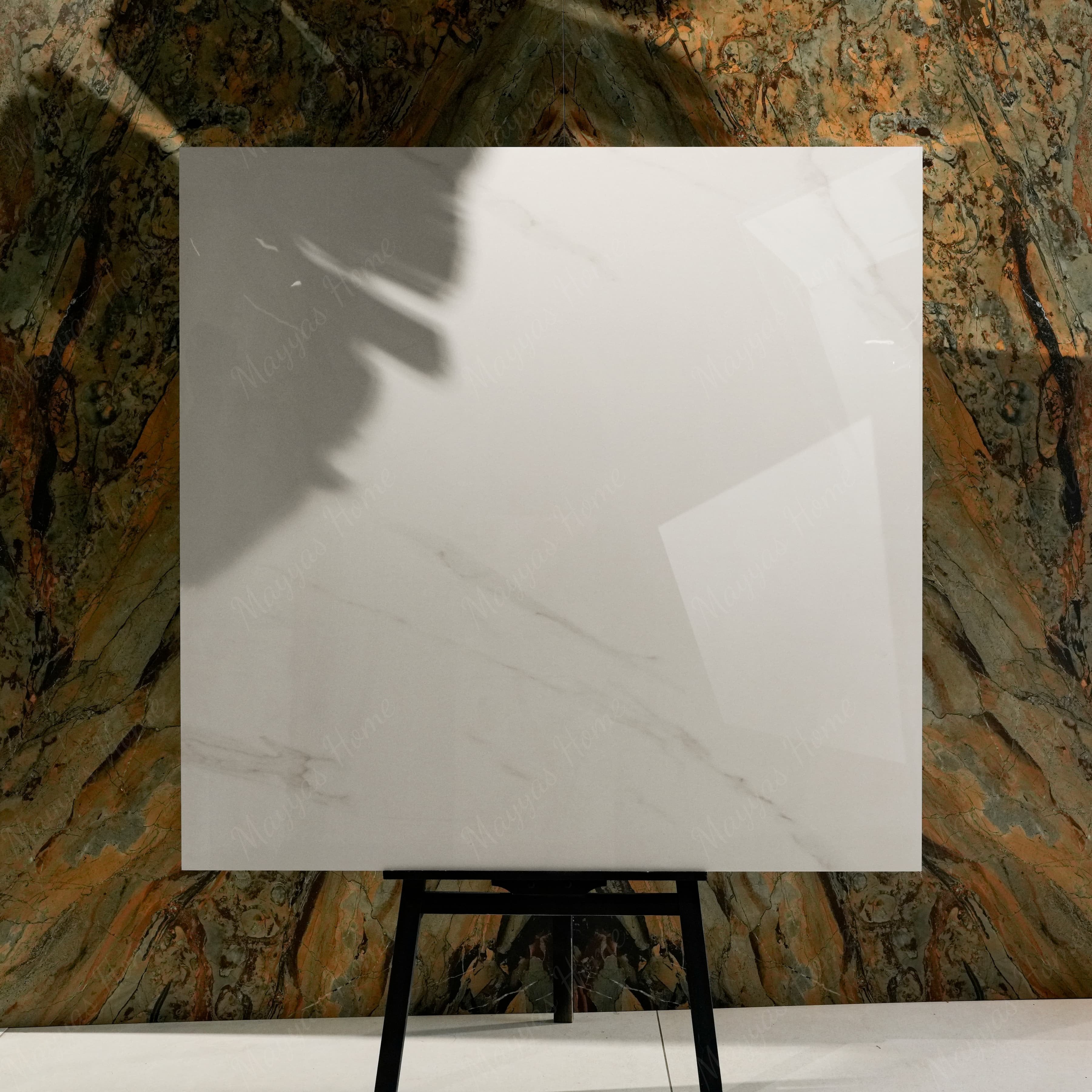 Smoke White 120x120cm glossy porcelain tile flat view showing pure white marble surface with delicate wispy grey veining
