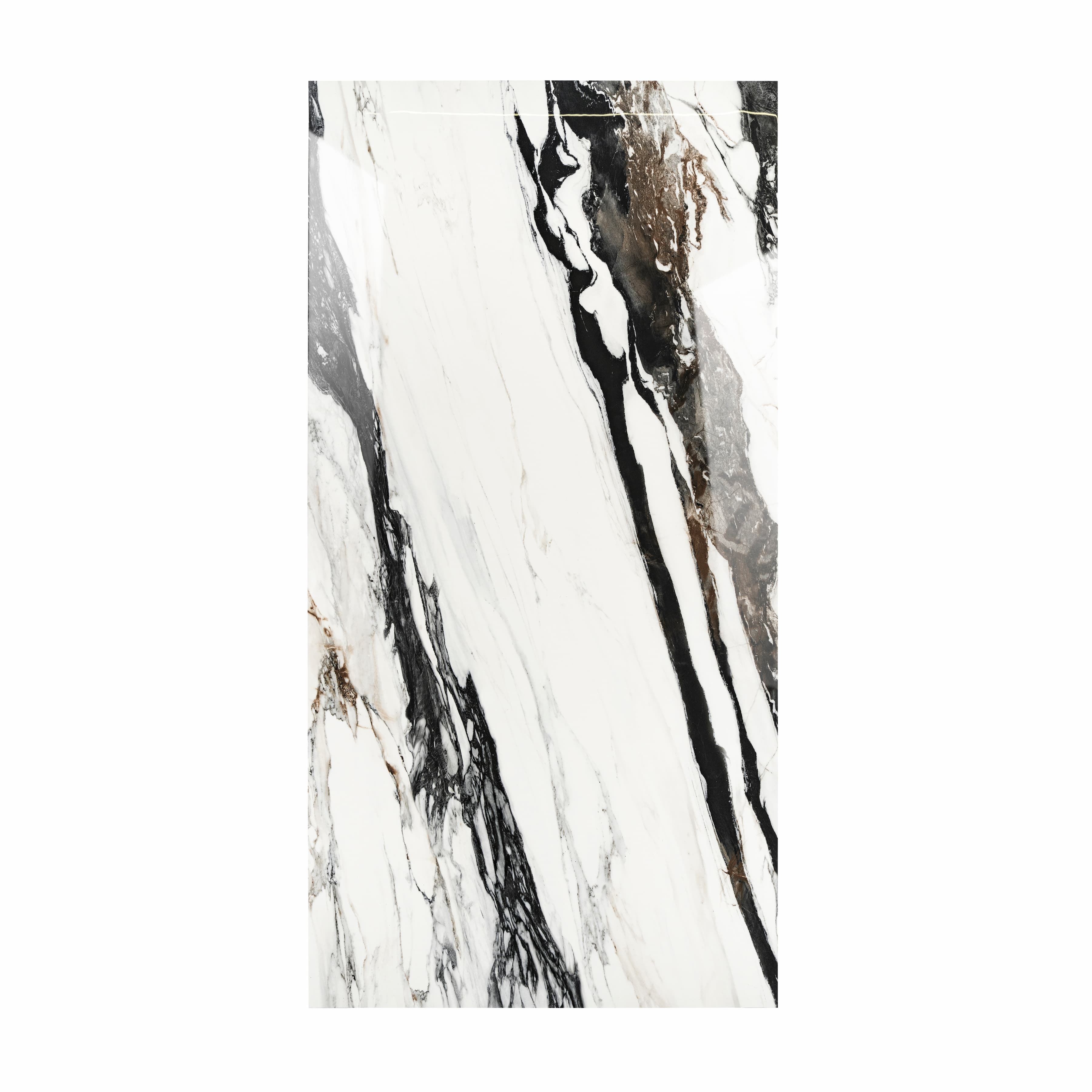 Calacatta Oyster BM porcelain slab displayed on easel against luxury backdrop showing white marble with dramatic black and copper veining for UAE interior design