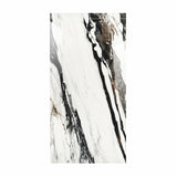 Calacatta Oyster BM porcelain slab displayed on easel against luxury backdrop showing white marble with dramatic black and copper veining for UAE interior design
