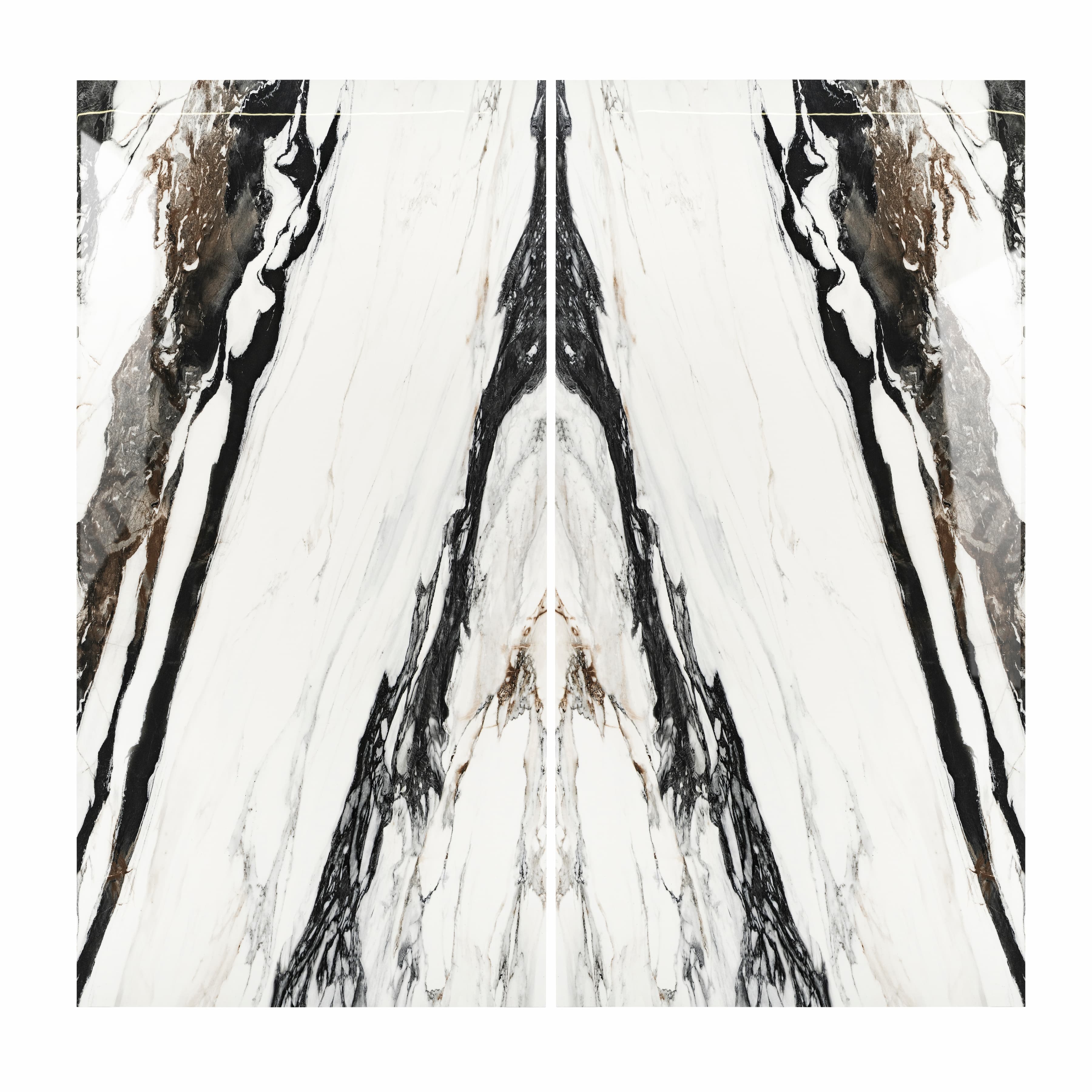 Calacatta Oyster BM porcelain slab flat view showing bright white marble surface with bold black sweeping veins and warm copper-brown mineral pockets