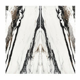 Calacatta Oyster BM porcelain slab flat view showing bright white marble surface with bold black sweeping veins and warm copper-brown mineral pockets