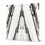 Close-up of Calacatta Oyster BM porcelain slab showing mirror-polished white surface with detailed black ink-like veins and rich amber mineral accents