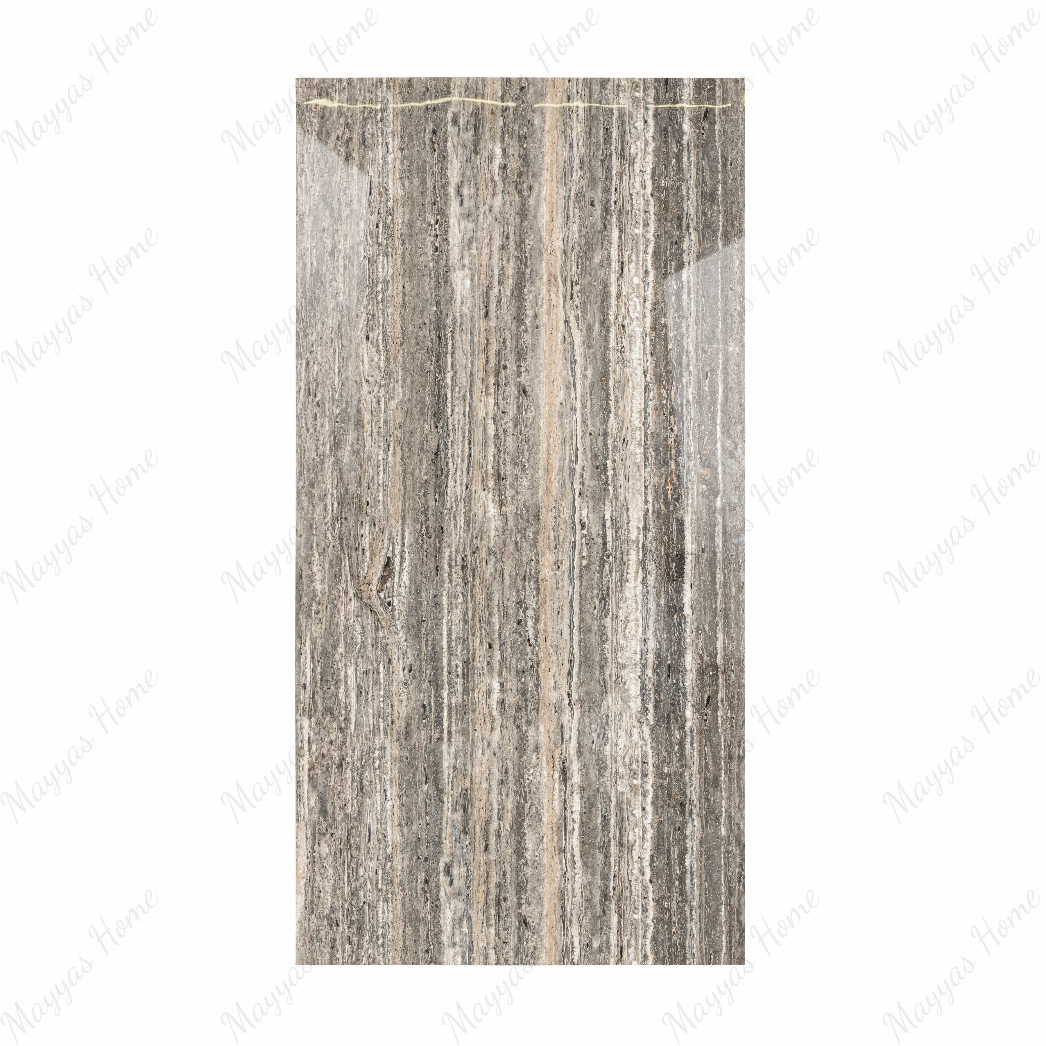 Ebony Travertino 120x240cm glossy porcelain tile with bold dark stone design. Durable 9mm surface for modern floors and walls.