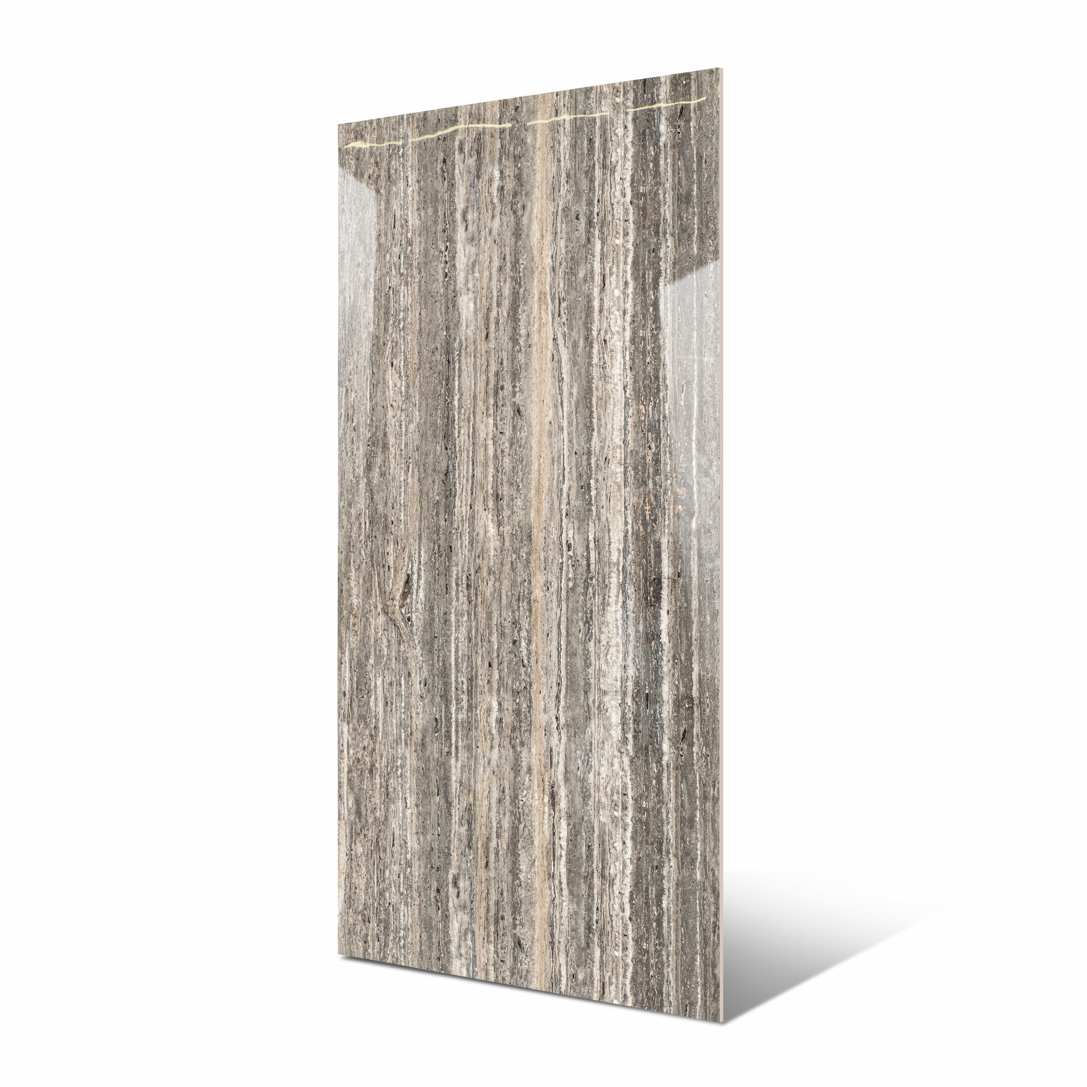 Ebony Travertino 120x240cm glossy porcelain tile with bold dark stone design. Durable 9mm surface for modern floors and walls.