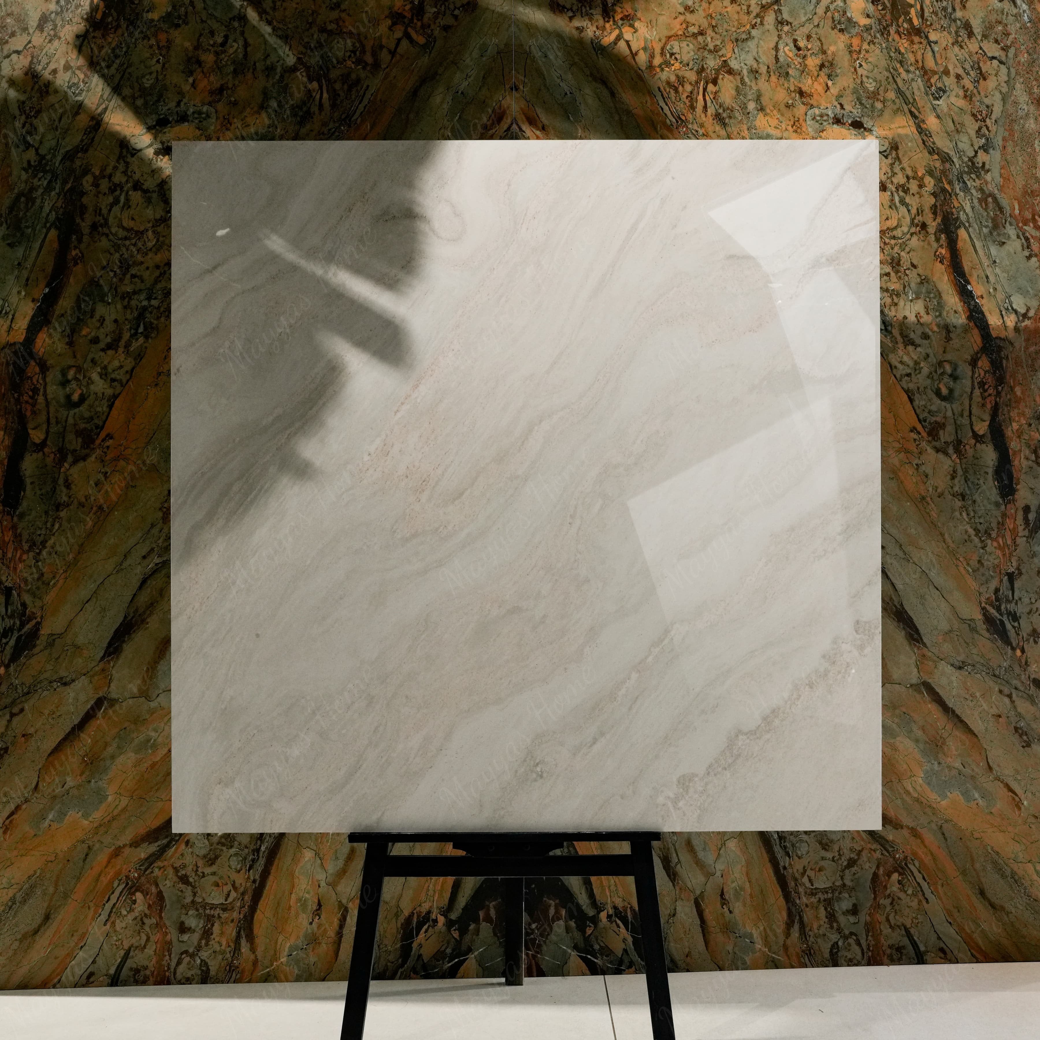 Antaliya White 120x120cm glossy porcelain tile flat view showing soft white marble surface with flowing grey and beige veining